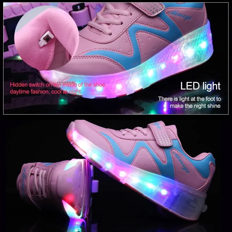 33 Pink Led Light Rechargeable Roller Skating Shoes - Double Wheel Ultra Light