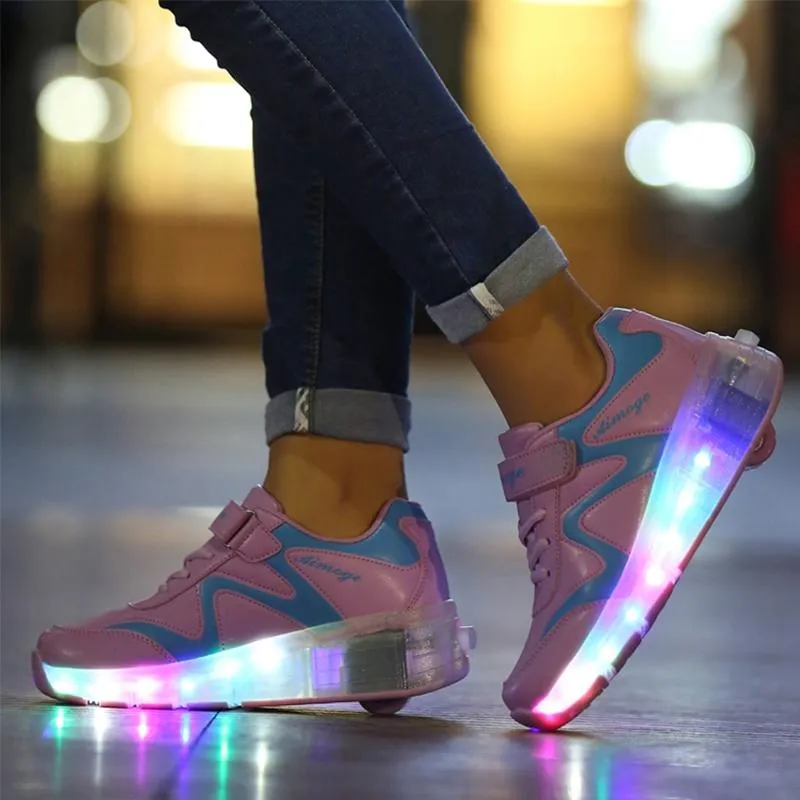 33 Pink Led Light Rechargeable Roller Skating Shoes - Double Wheel Ultra Light