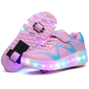 33 Pink Led Light Rechargeable Roller Skating Shoes - Double Wheel Ultra Light