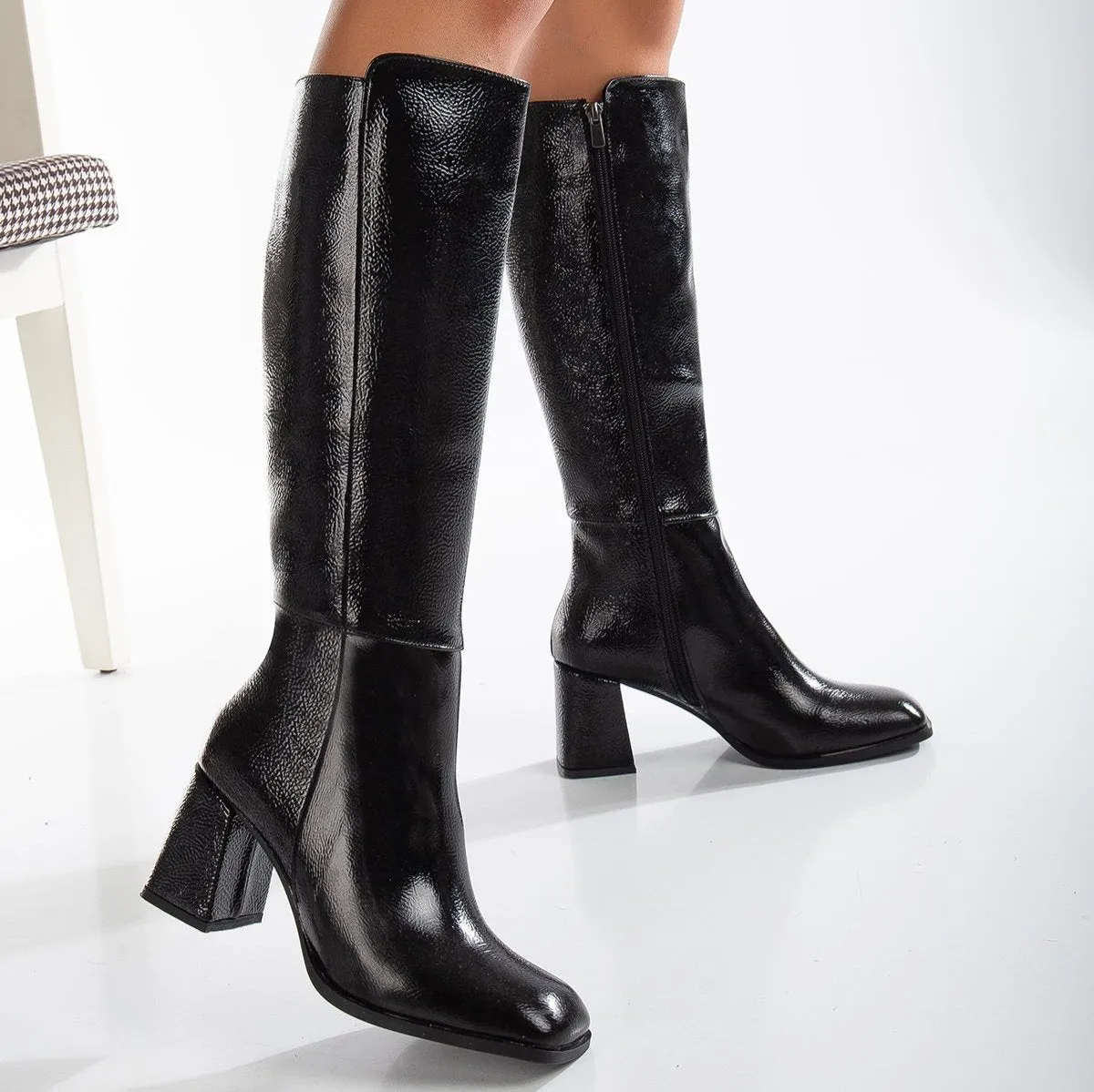 Adele - Black Patent Knee High Boots