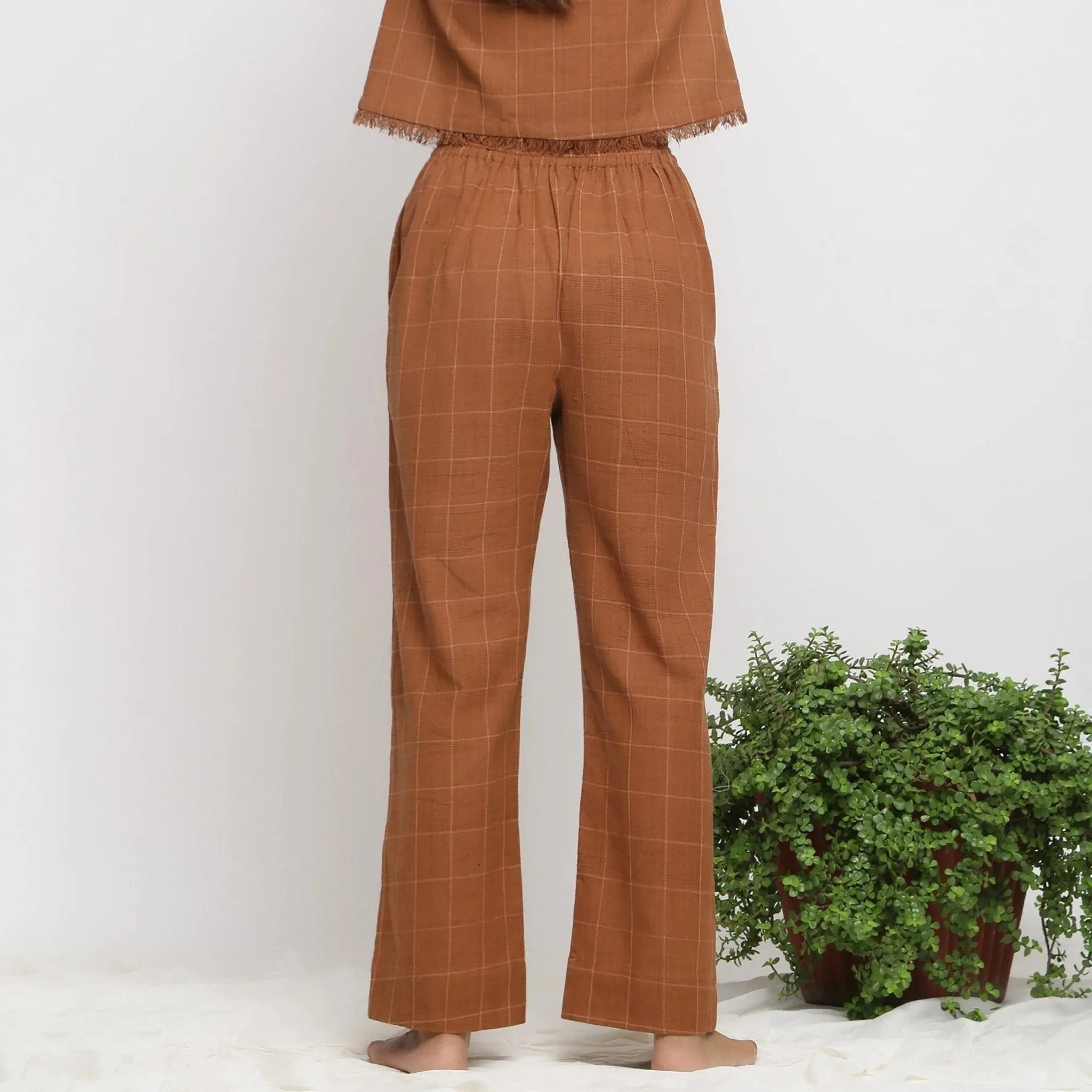 Almond Brown Check Handspun Cotton Elasticated Pant