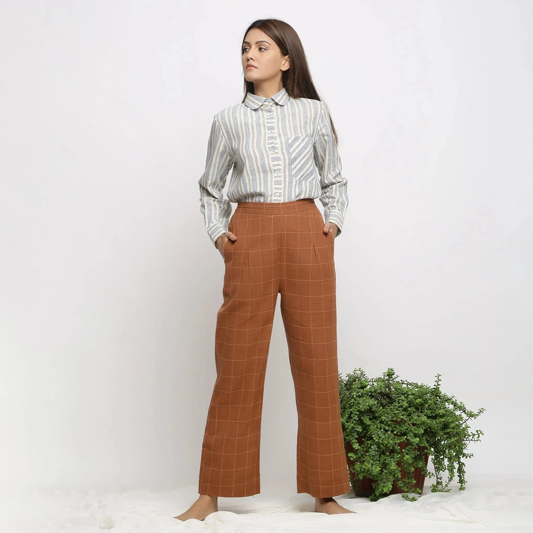 Almond Brown Check Handspun Cotton Elasticated Pant
