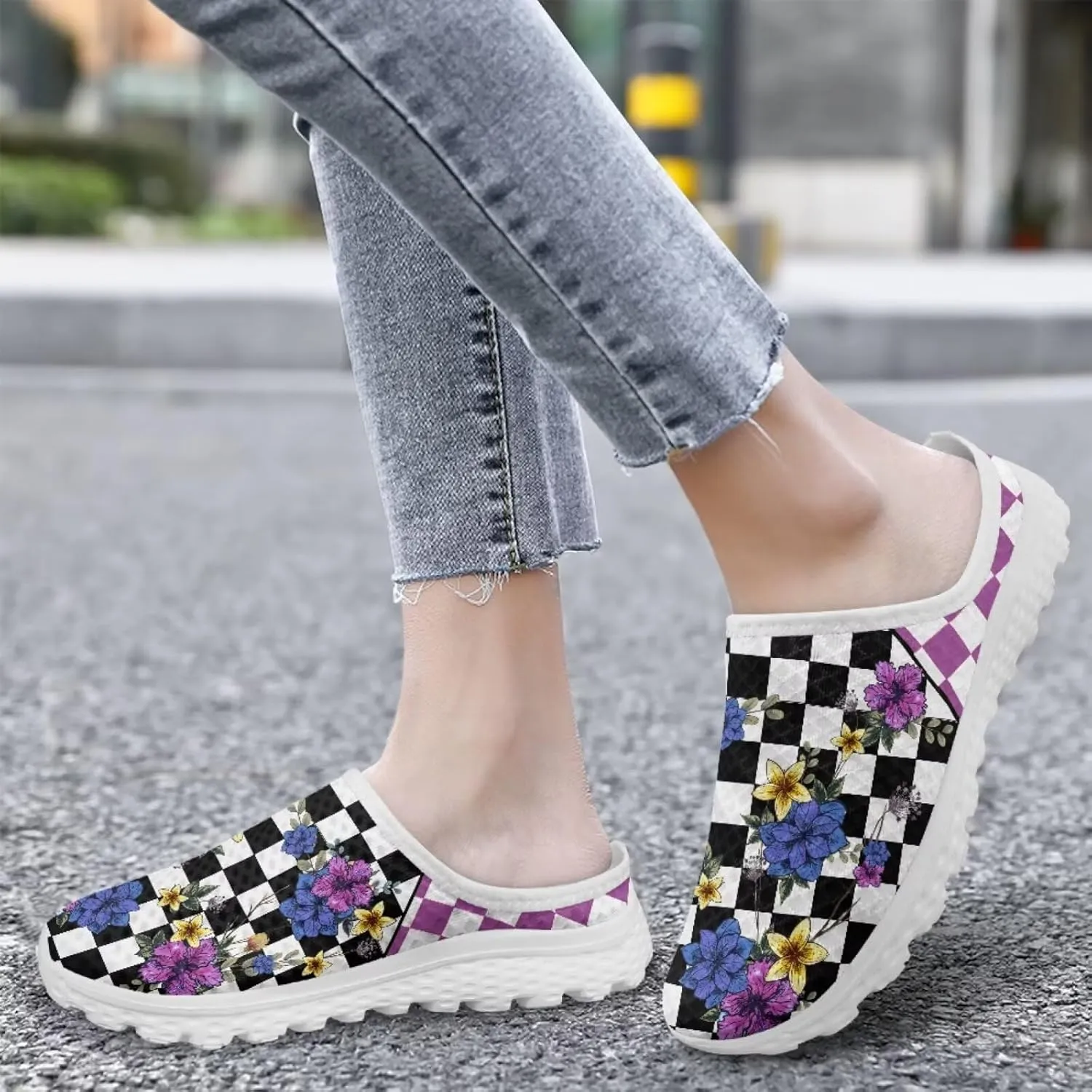 Checkerboard Womens Slip On Clogs Mules Slip-On Walking Yoga Shoes Breathable Mesh Slippers Garden Loafers