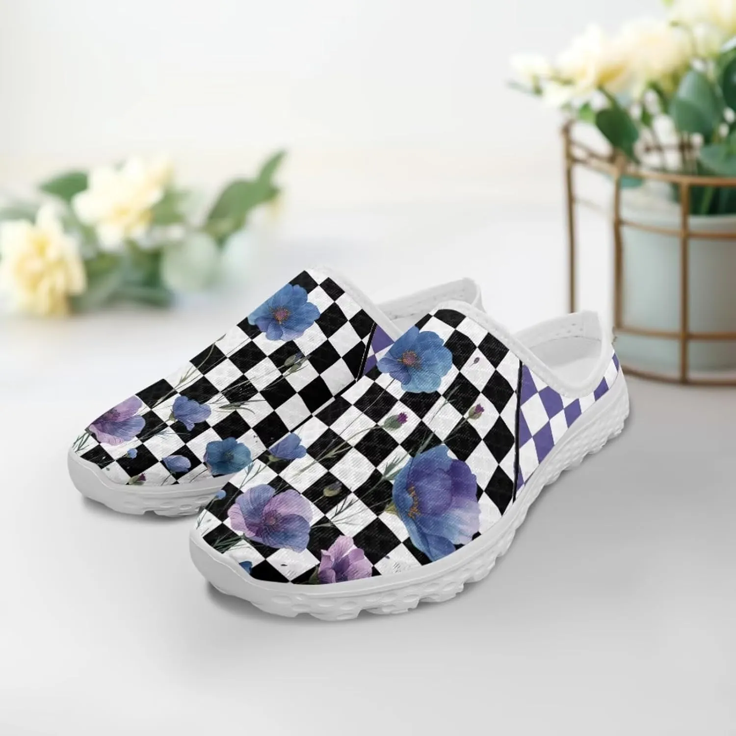 Checkerboard Womens Slip On Clogs Mules Slip-On Walking Yoga Shoes Breathable Mesh Slippers Garden Loafers