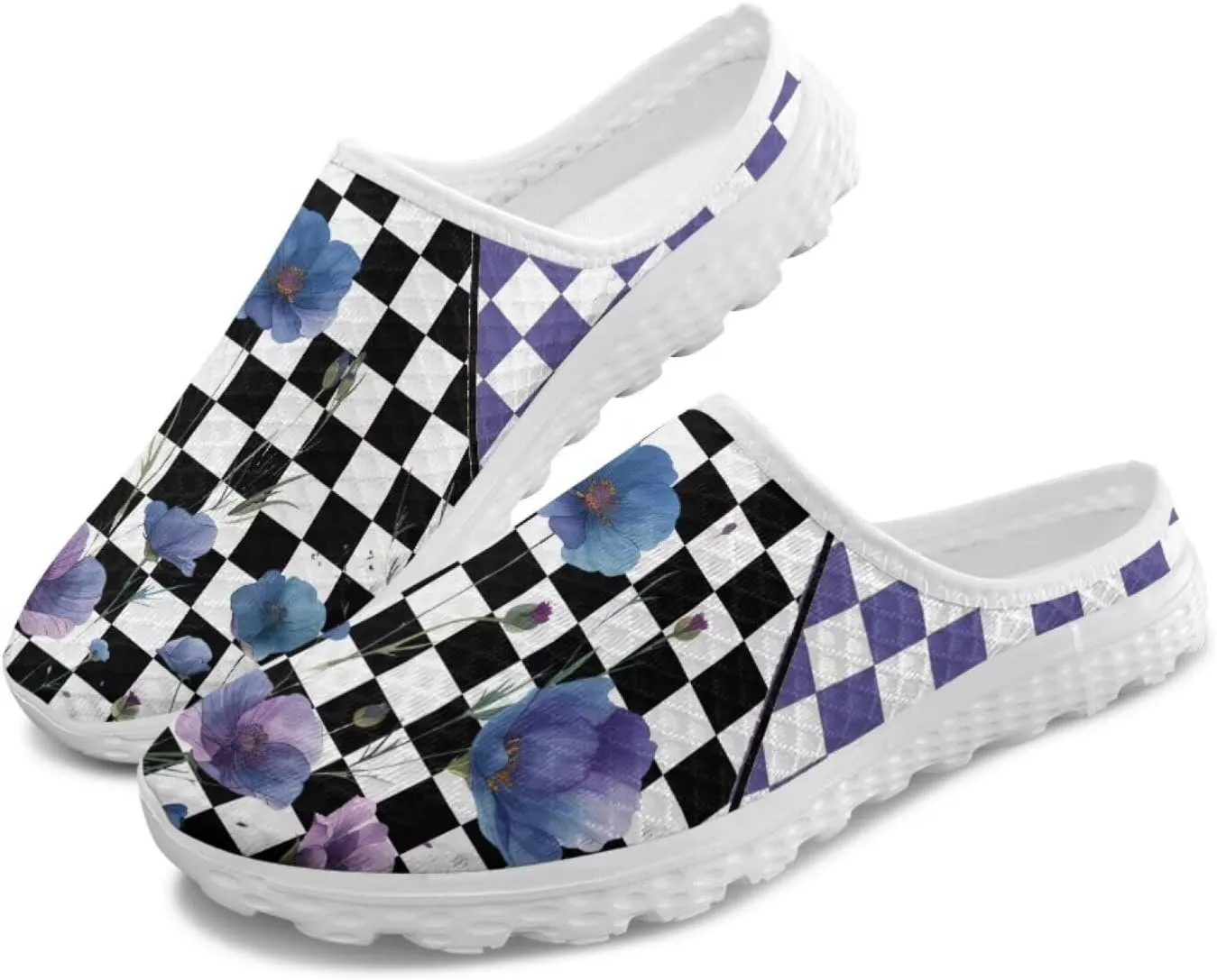 Checkerboard Womens Slip On Clogs Mules Slip-On Walking Yoga Shoes Breathable Mesh Slippers Garden Loafers