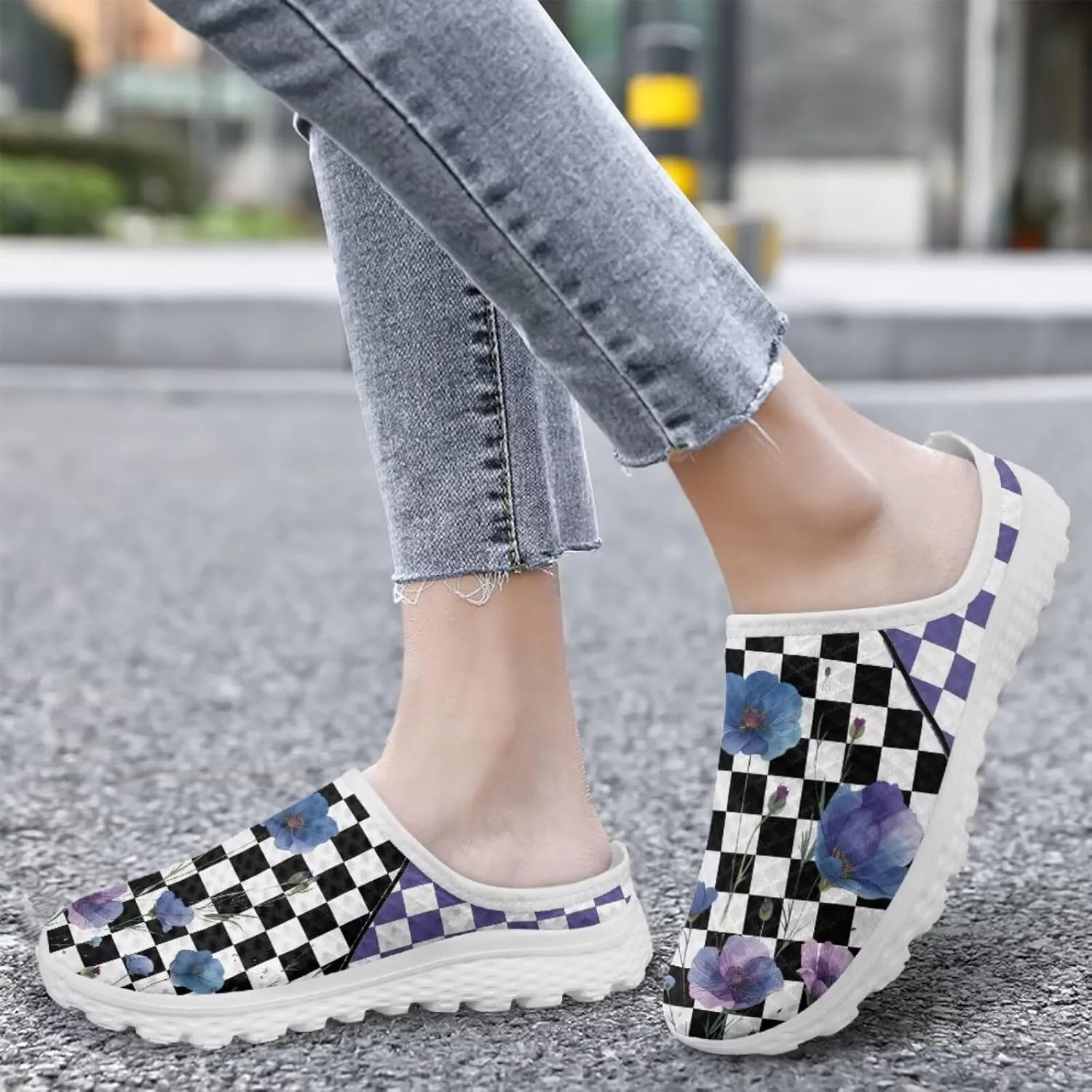 Checkerboard Womens Slip On Clogs Mules Slip-On Walking Yoga Shoes Breathable Mesh Slippers Garden Loafers