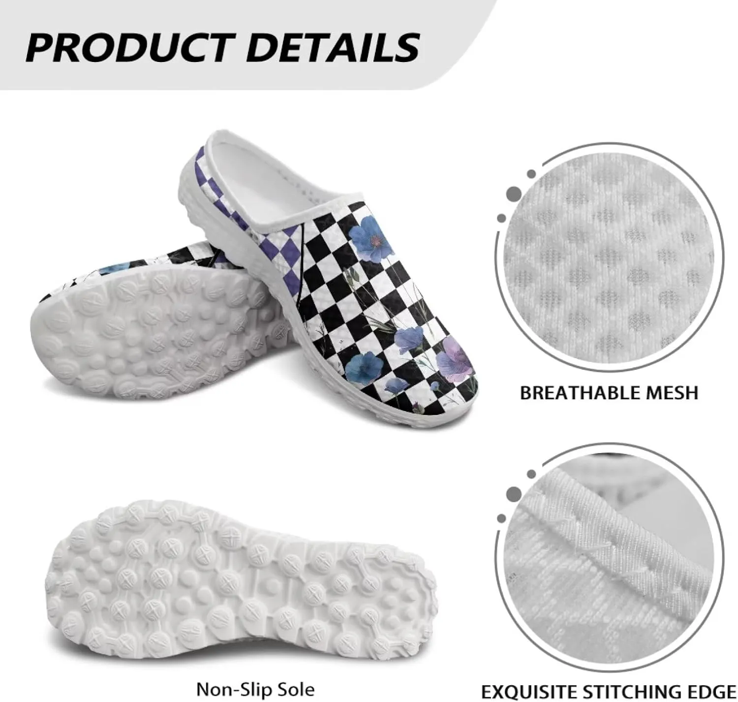 Checkerboard Womens Slip On Clogs Mules Slip-On Walking Yoga Shoes Breathable Mesh Slippers Garden Loafers