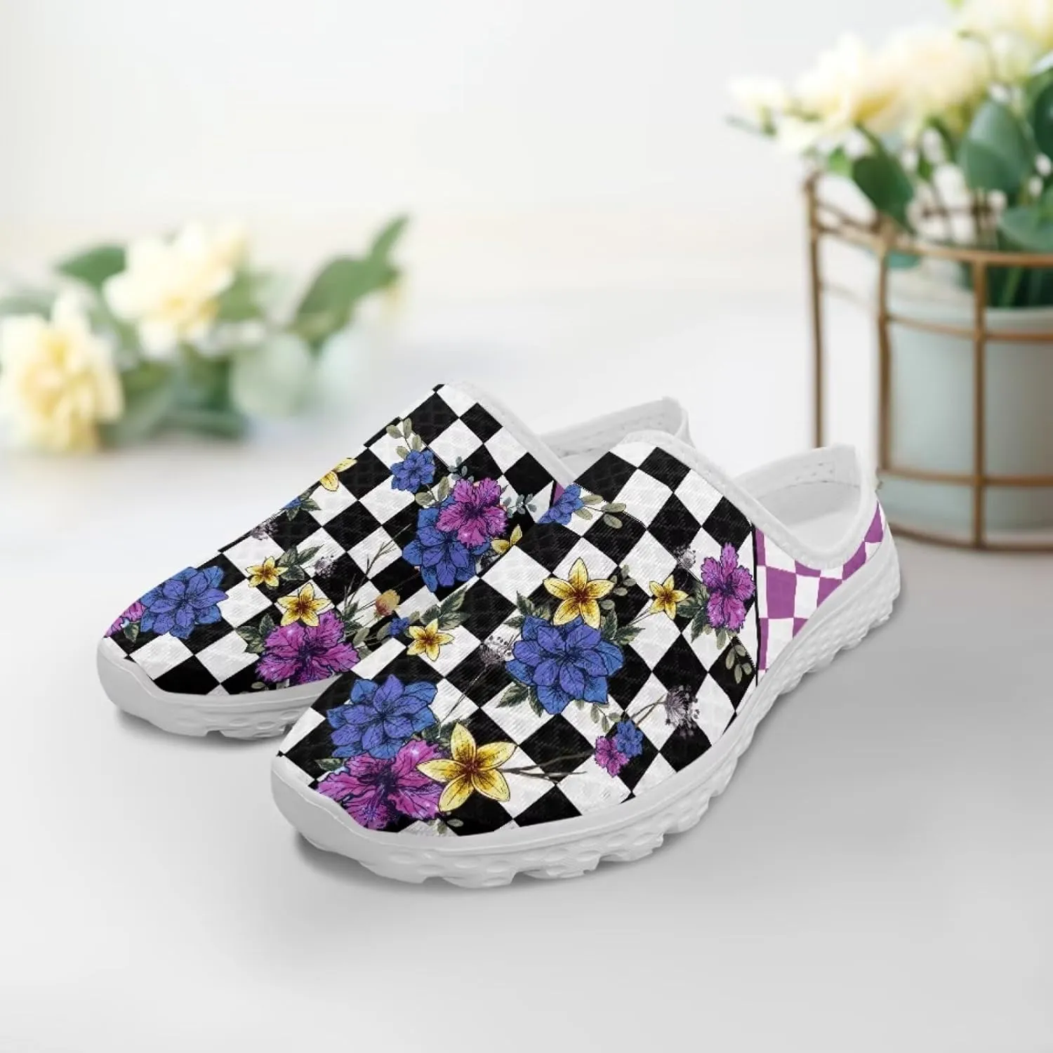 Checkerboard Womens Slip On Clogs Mules Slip-On Walking Yoga Shoes Breathable Mesh Slippers Garden Loafers