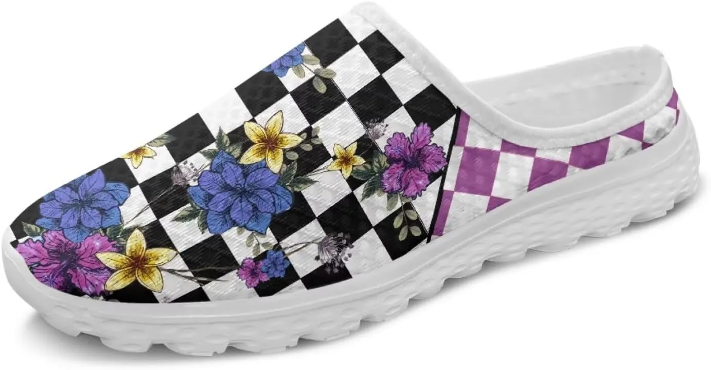 Checkerboard Womens Slip On Clogs Mules Slip-On Walking Yoga Shoes Breathable Mesh Slippers Garden Loafers