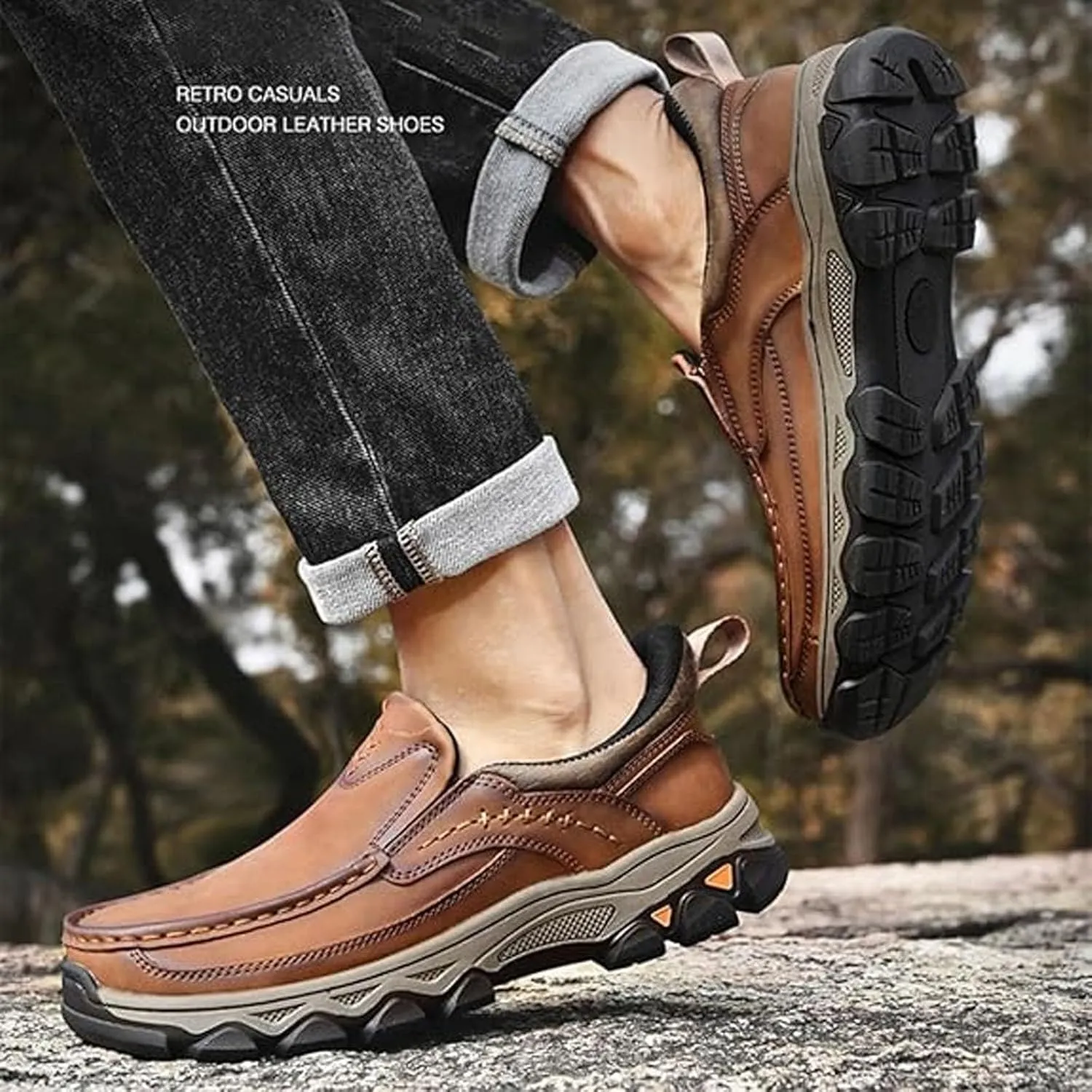 Enjerr Orthopedic Shoes Men, Men's Slip-On Orthopedic Hands-Free Genuine Leather Slip on Loafers, Enjerr Hiking Shoes