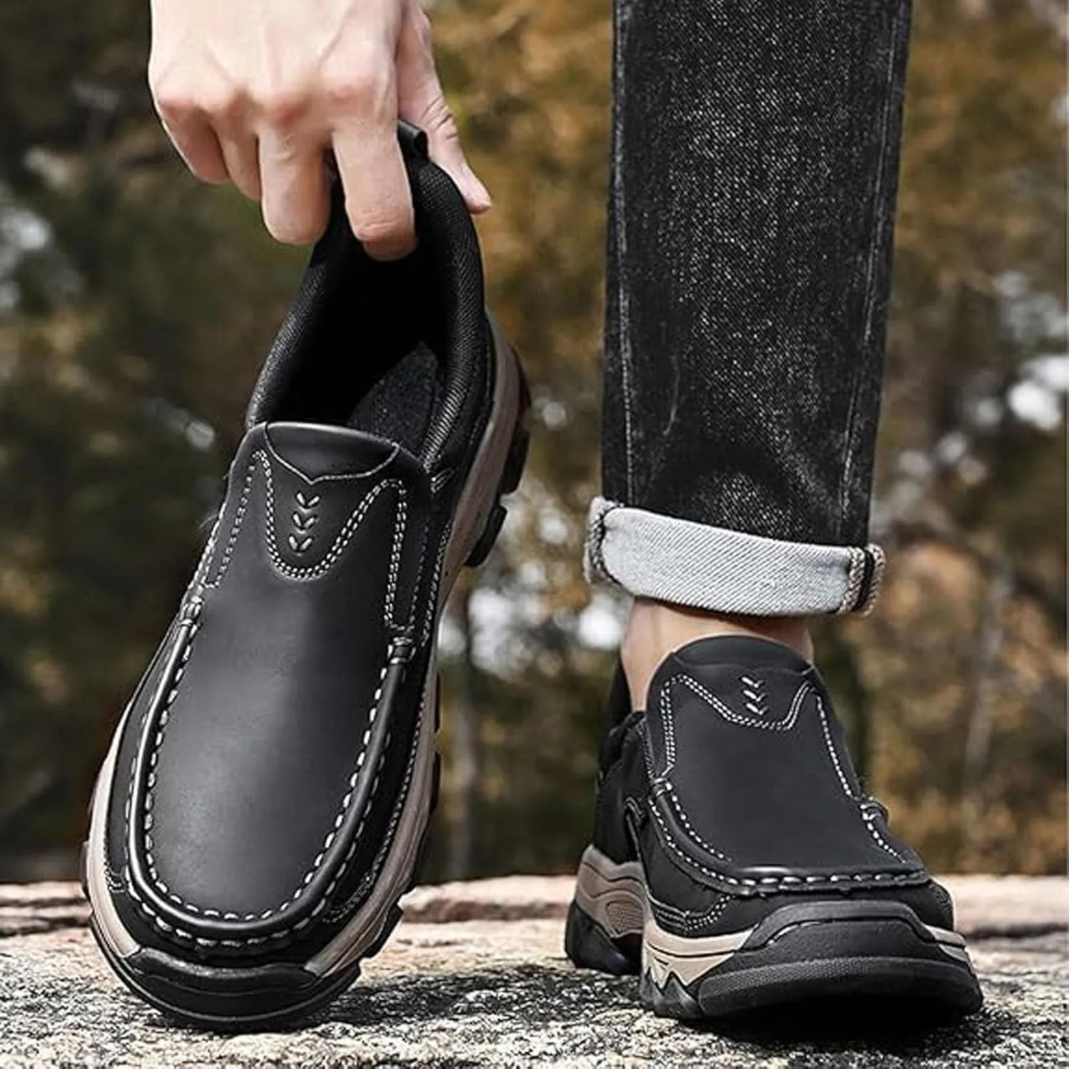 Enjerr Orthopedic Shoes Men, Men's Slip-On Orthopedic Hands-Free Genuine Leather Slip on Loafers, Enjerr Hiking Shoes