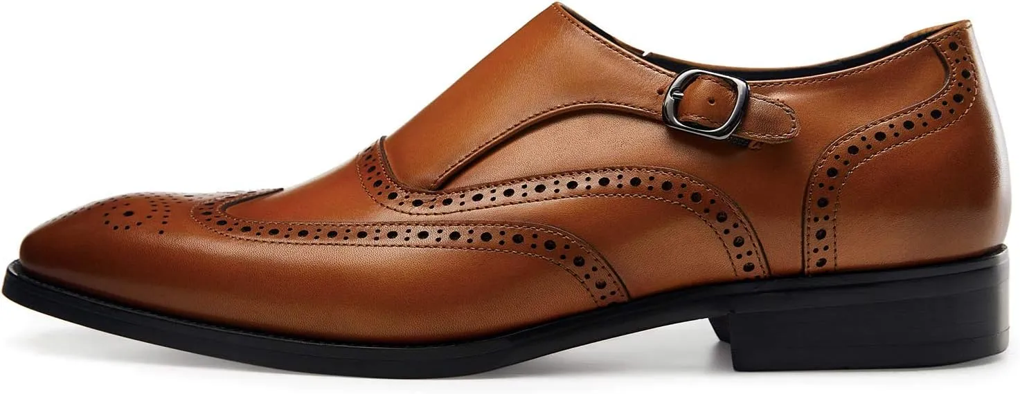 FRASOICUS Men s Dress Shoes Genuine Leather Monk Strap Wingtip Formal Shoes Slip-On Loafer