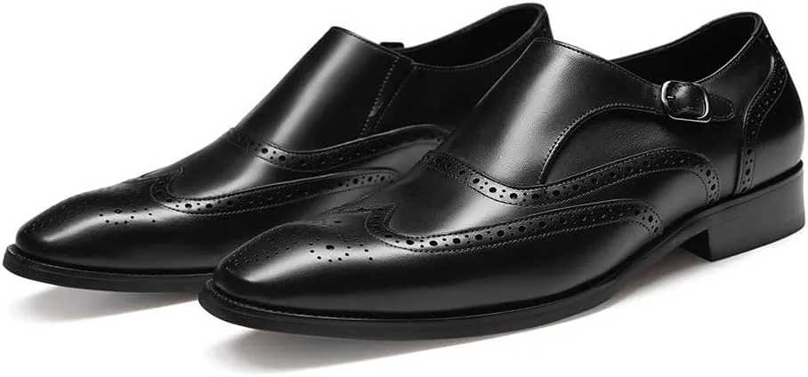 FRASOICUS Men s Dress Shoes Genuine Leather Monk Strap Wingtip Formal Shoes Slip-On Loafer