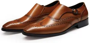 FRASOICUS Men s Dress Shoes Genuine Leather Monk Strap Wingtip Formal Shoes Slip-On Loafer