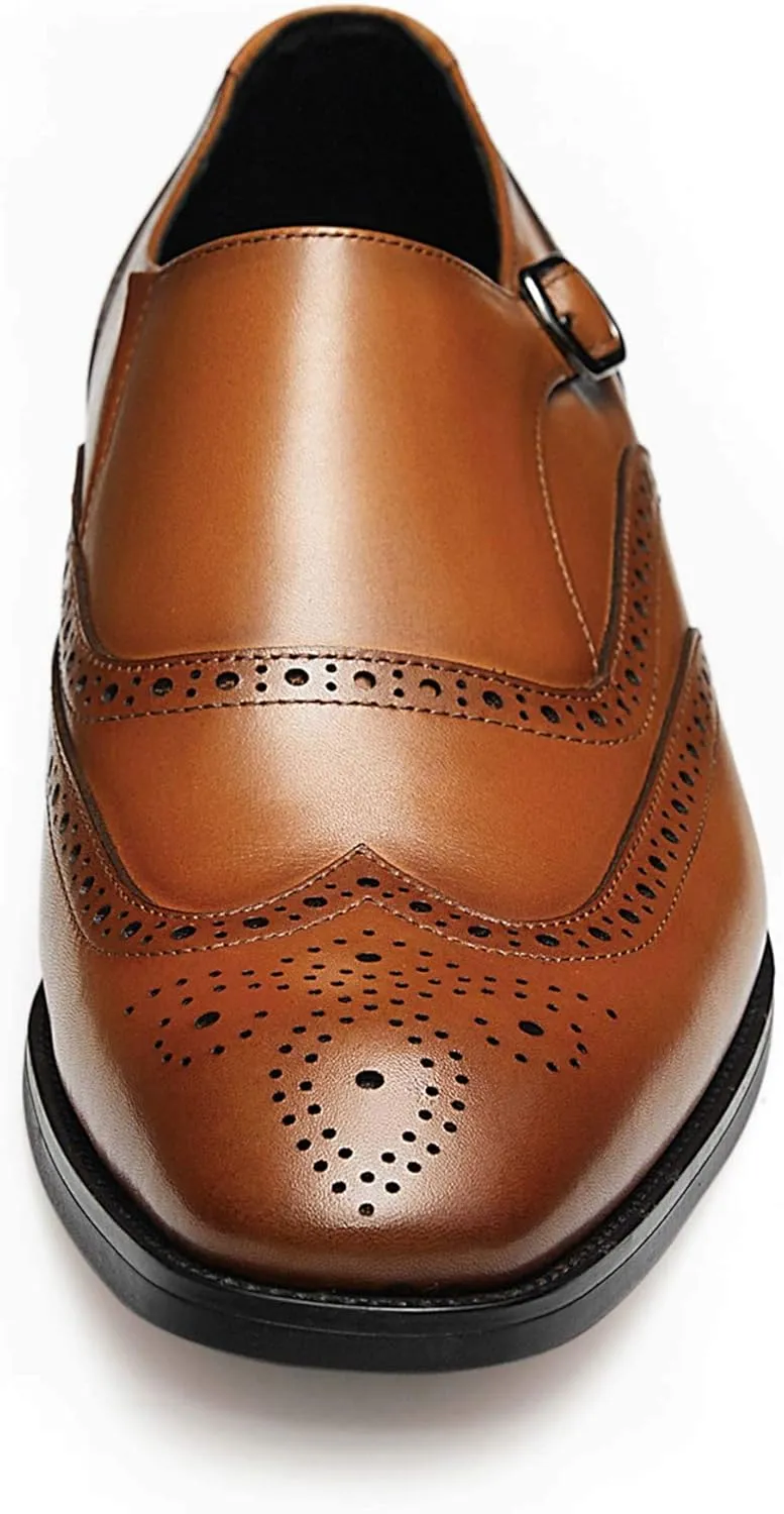 FRASOICUS Men ??s Dress Shoes Genuine Leather Monk Strap Wingtip Formal Shoes Slip-On Loafer