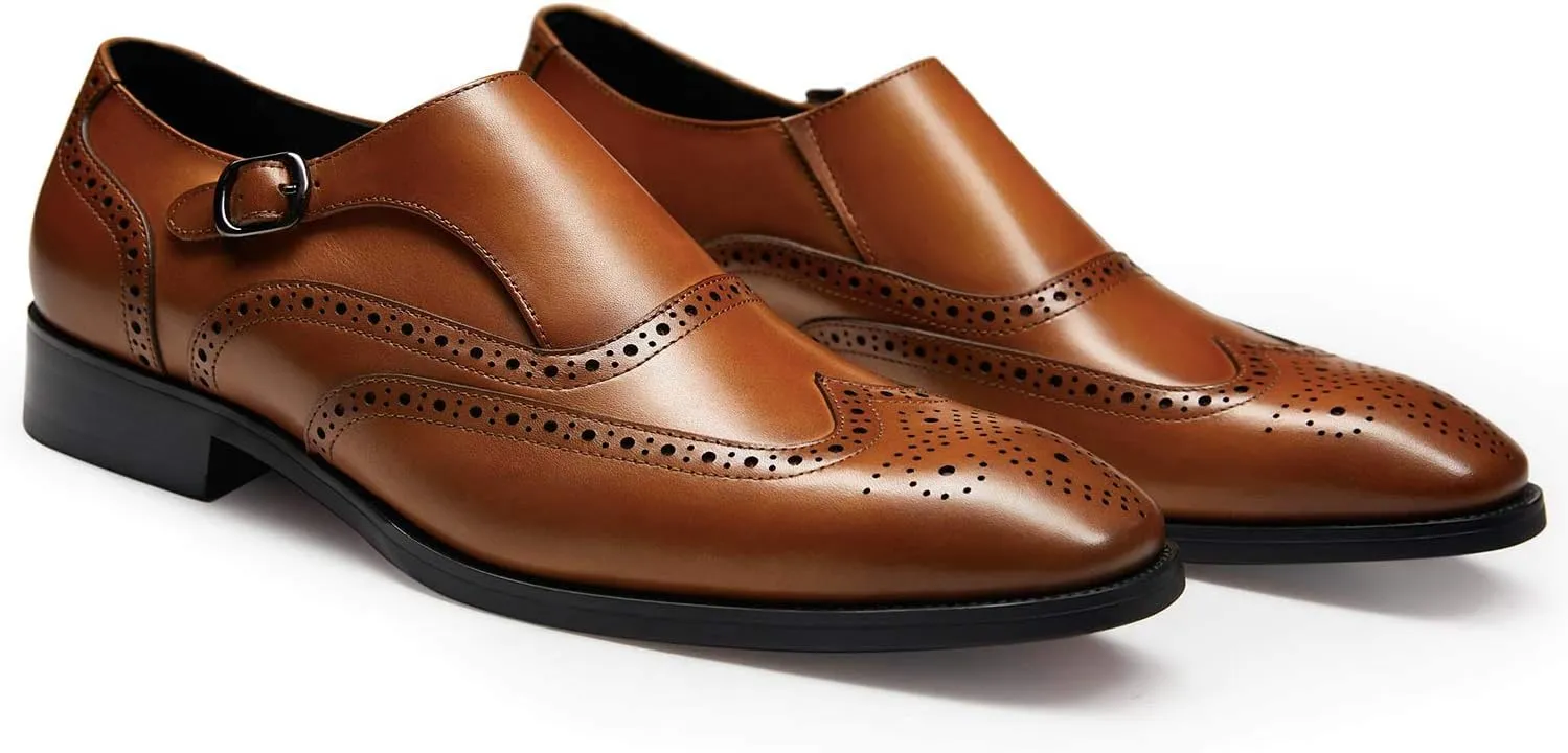 FRASOICUS Men s Dress Shoes Genuine Leather Monk Strap Wingtip Formal Shoes Slip-On Loafer
