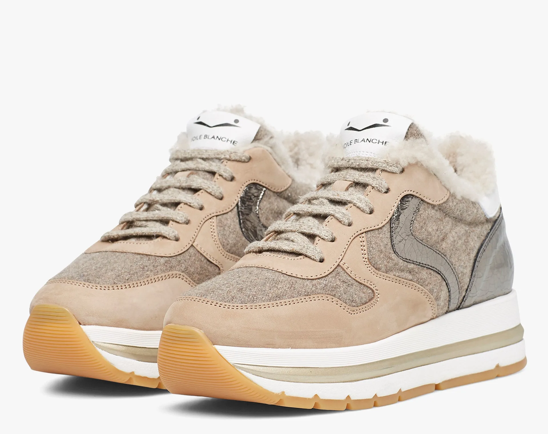 =Fur Lined Platform Sneaker - Beige Grey