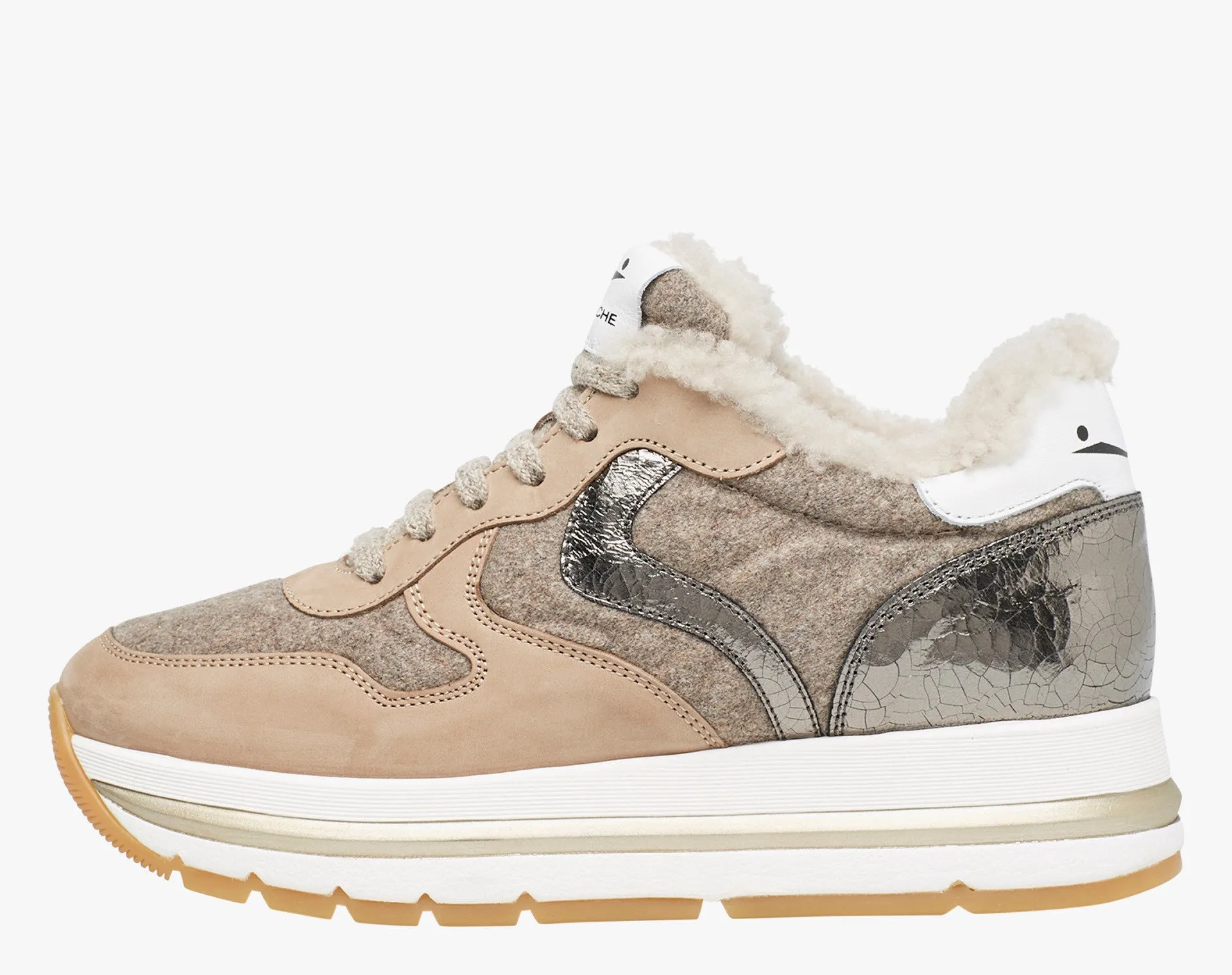 =Fur Lined Platform Sneaker - Beige Grey