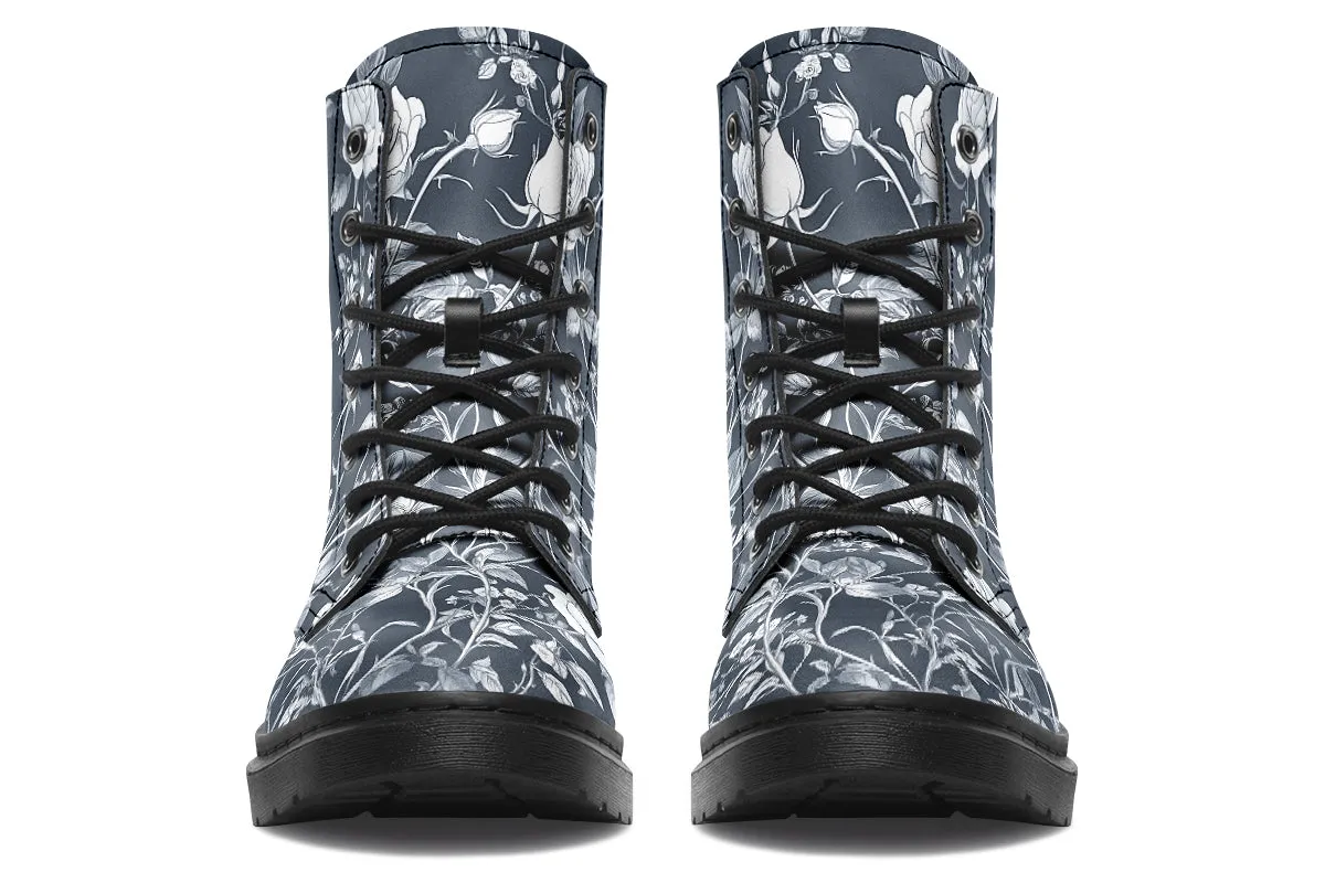 Grey Rose Romance Boots - Vegan Leather Doc-Style Boots with Durable Stitched on Soles