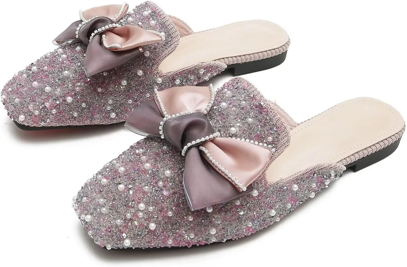 Hee grand Women Mules Bow-Knot Closed Square Toe Mules Fashion Rhinestones Flat Slippers Slip On Loafers Casual Flat Shoes