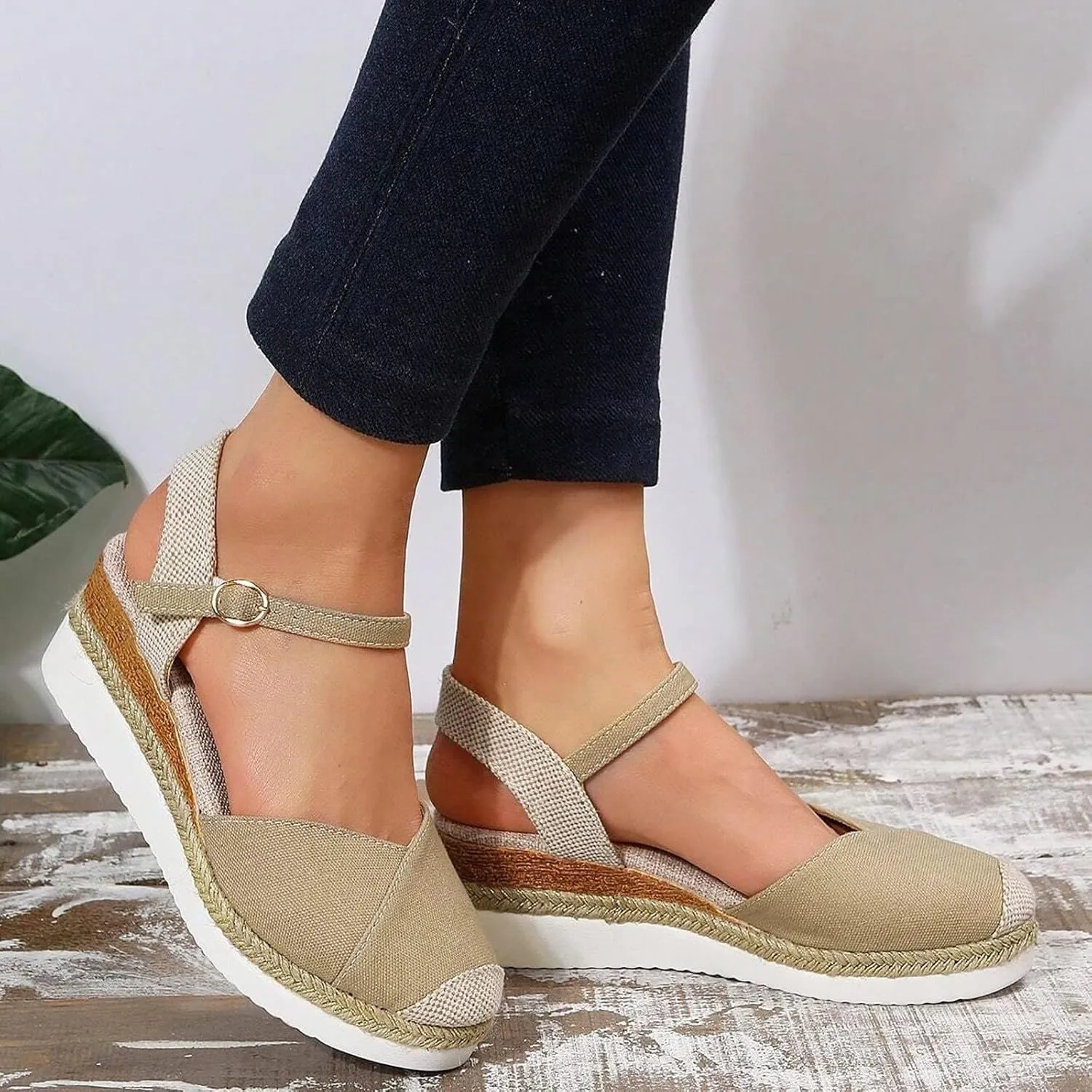 Kubbon Closed Toe Sandals Women Elastic Ankle Strap Espadrills Casual Platform Wedge Sandals Slip On Summer Sandles Outdoor Walking Shoes