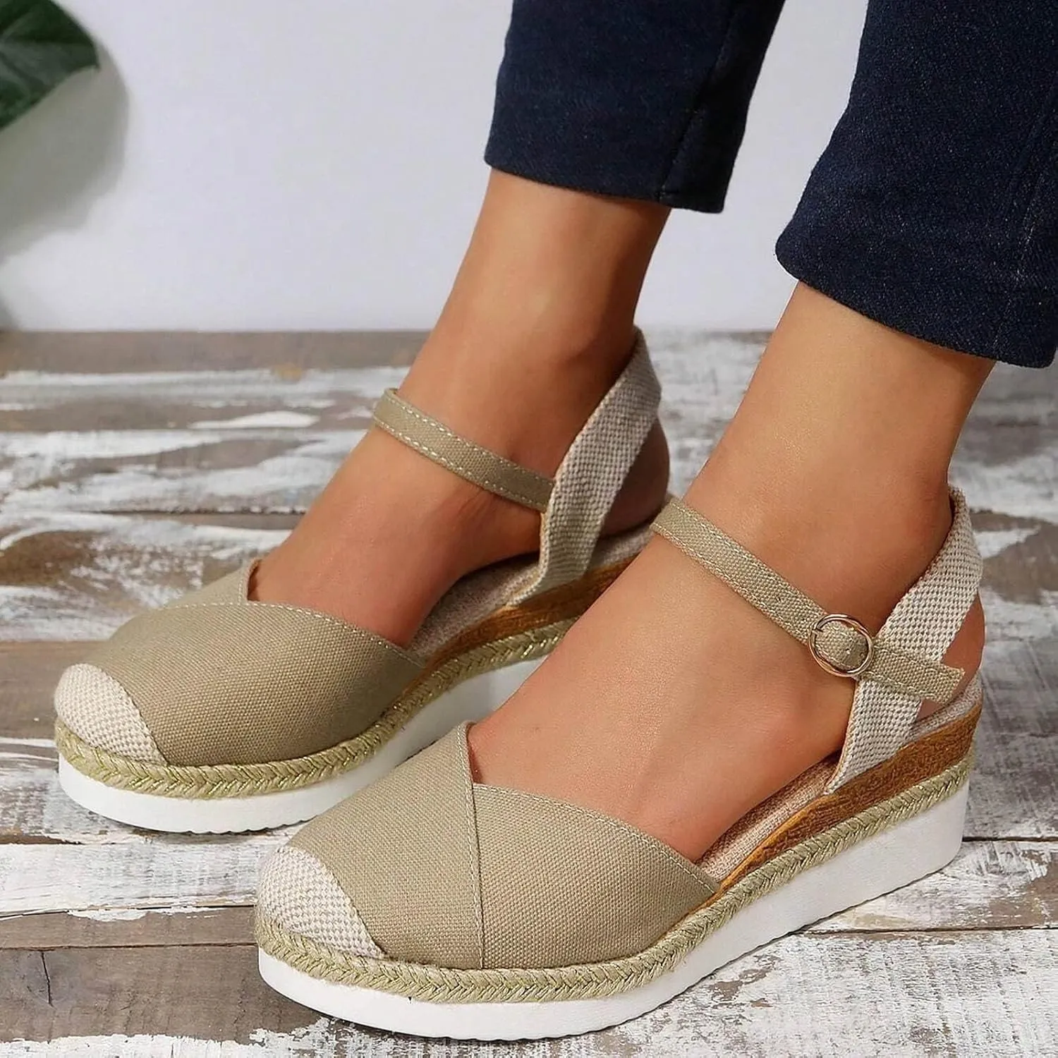 Kubbon Closed Toe Sandals Women Elastic Ankle Strap Espadrills Casual Platform Wedge Sandals Slip On Summer Sandles Outdoor Walking Shoes