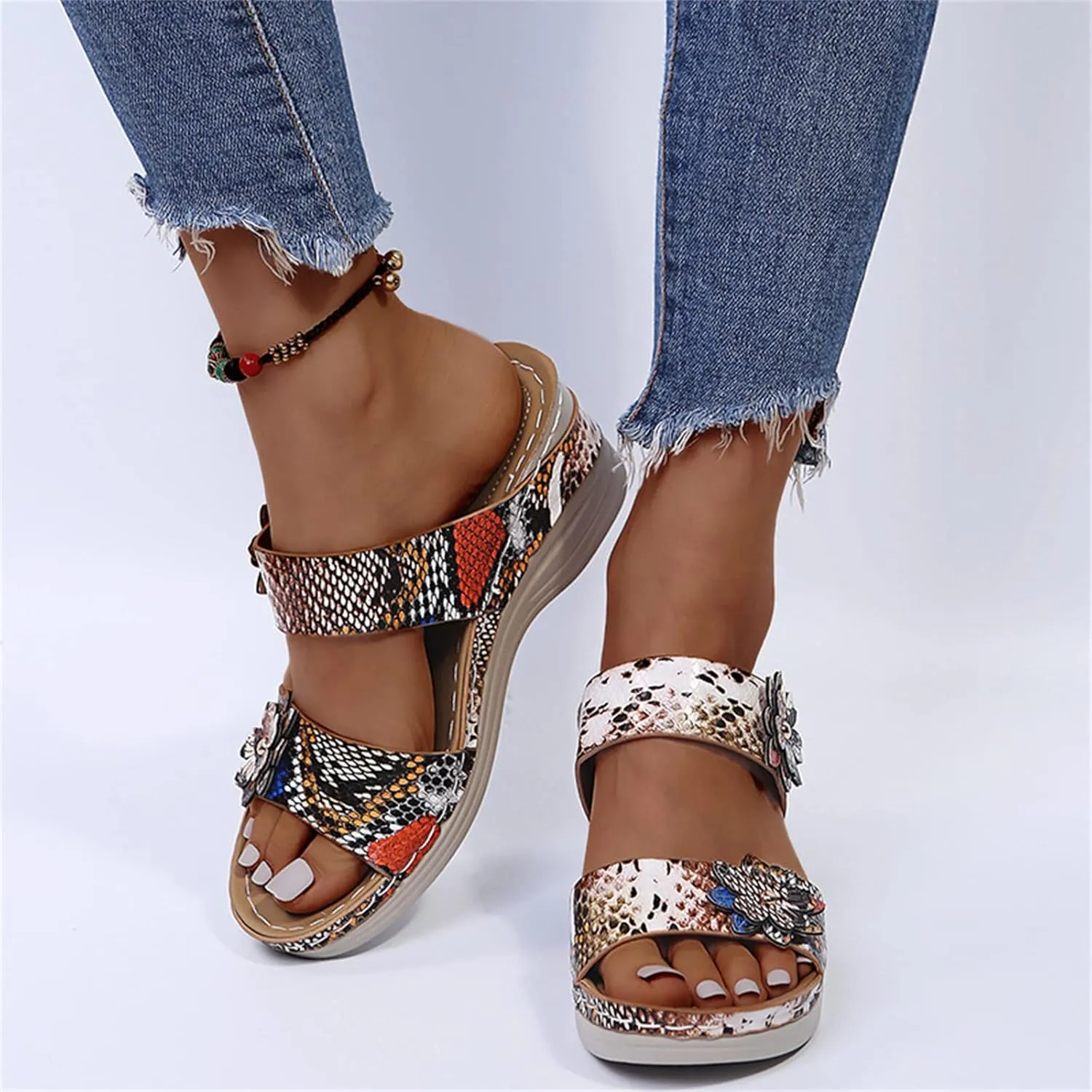 Ladmiple Sandals for Women Casual Summer 2023 Orthopedic Sandal with Arch Support Leopard Slippers Roman Open Toe Shoes