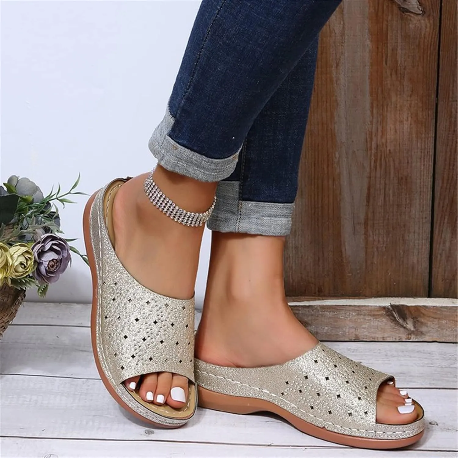 Ladmiple Sandals for Women Casual Summer 2023 Sparkly Orthopedic Sandal with Arch Support Roman Open Toe Flip Flop Shoes