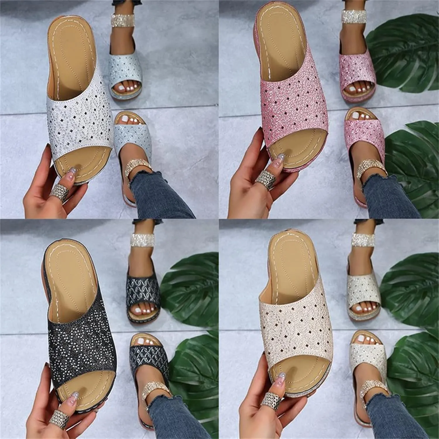 Ladmiple Sandals for Women Casual Summer 2023 Sparkly Orthopedic Sandal with Arch Support Roman Open Toe Flip Flop Shoes
