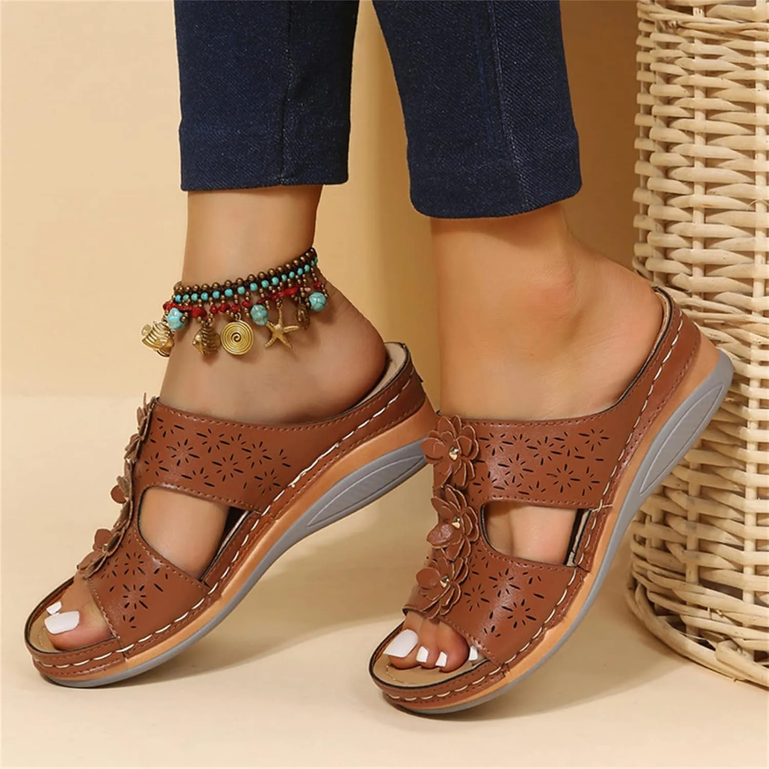 Ladmiple Sandals Women Beach Vacation Fashion Orthotic Slides Ladies Lightweight Athletic Slip On Slippers With Arch Support