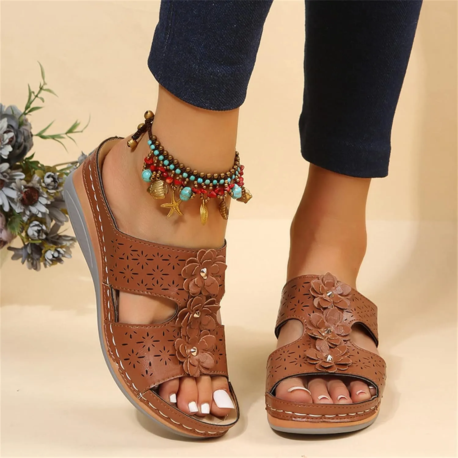 Ladmiple Sandals Women Beach Vacation Fashion Orthotic Slides Ladies Lightweight Athletic Slip On Slippers With Arch Support