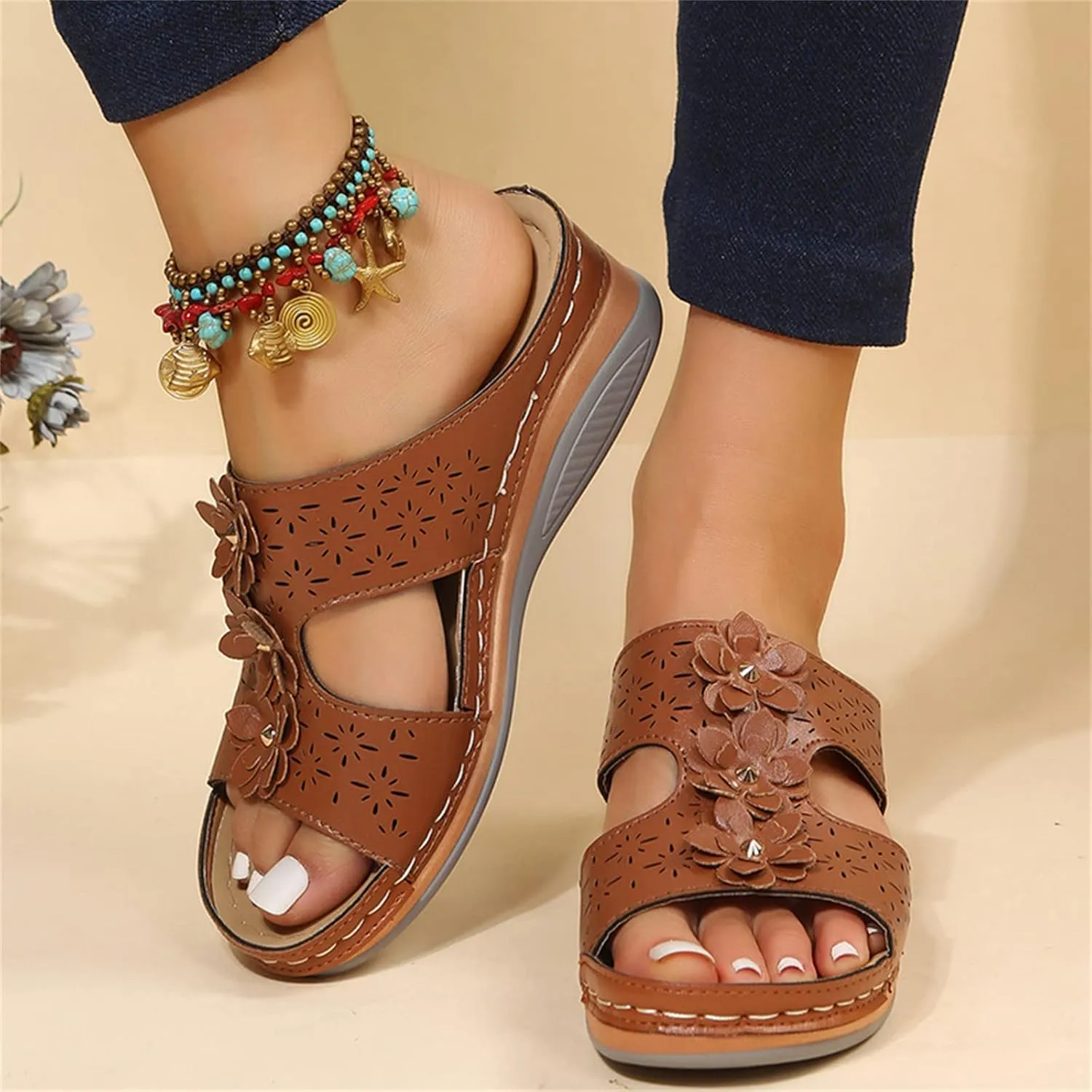 Ladmiple Sandals Women Beach Vacation Fashion Orthotic Slides Ladies Lightweight Athletic Slip On Slippers With Arch Support