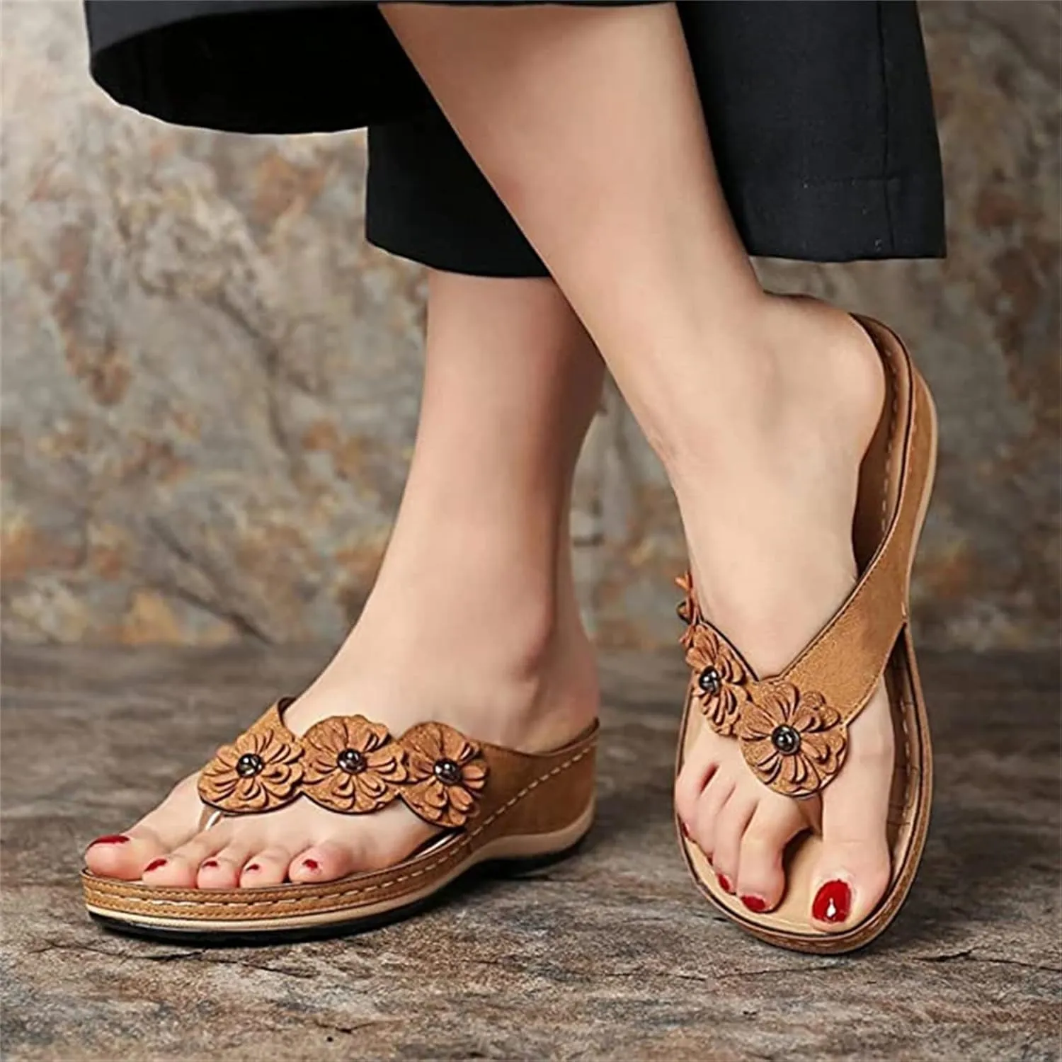 Ladmiple Sandals Women Comfortable Cute Wedge Orthotic Walking Slides Arch Support Dressy Summer Orthopedic Flip Flops