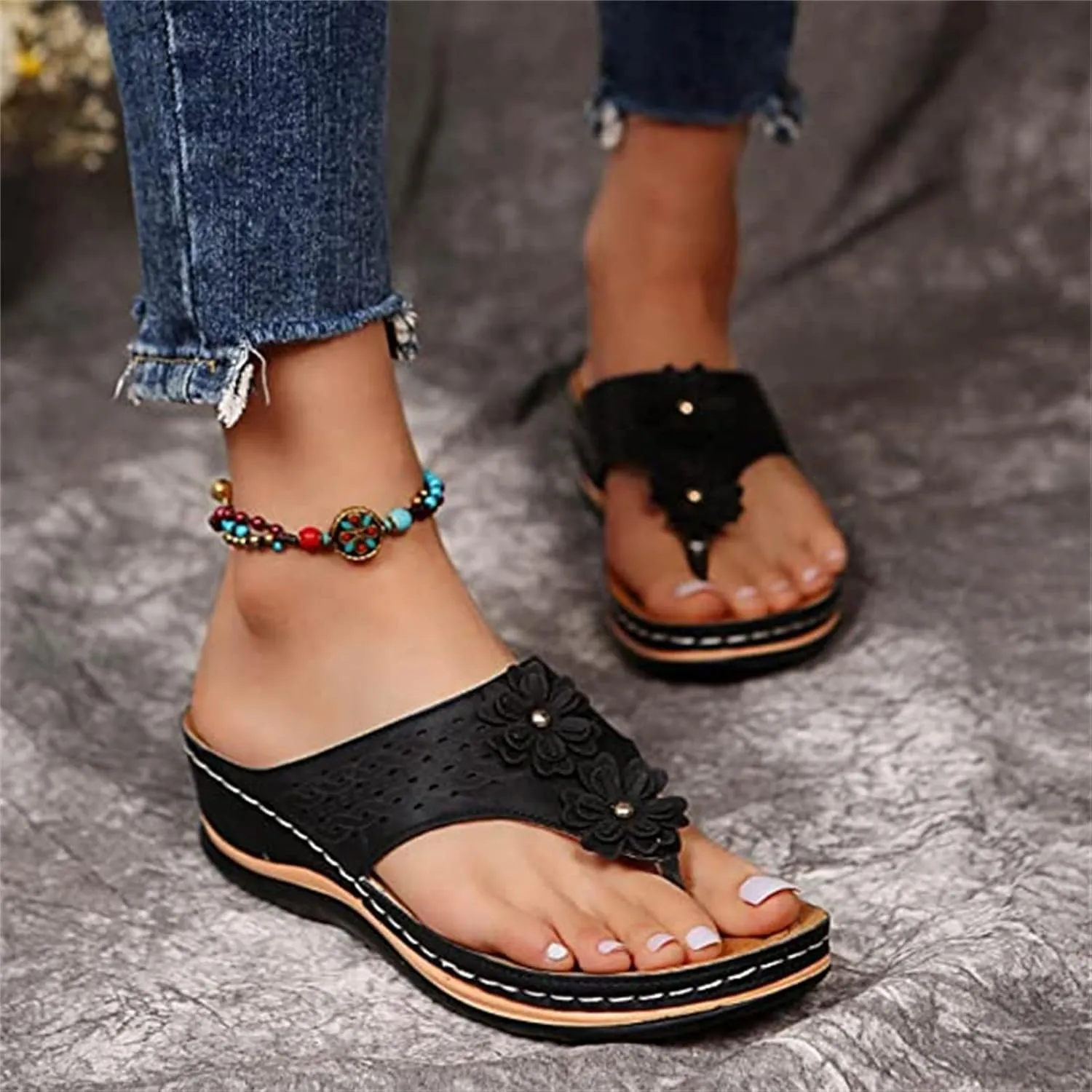 Ladmiple Sandals Women Comfortable Dressy Slip On Flat Sandals Fashion Orthotic Slides With Plantar Fasciitis Arch Support