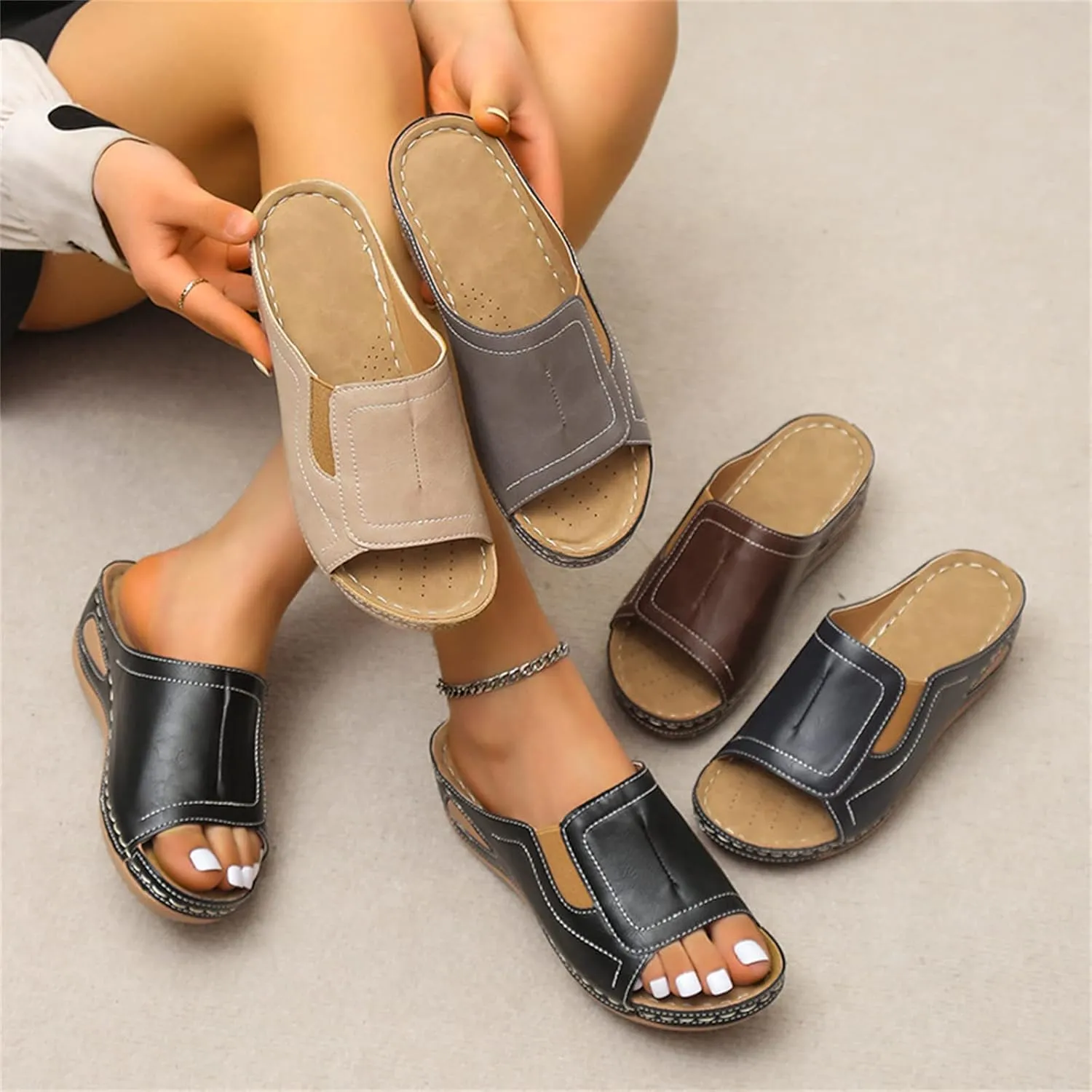 Ladmiple Sandals Women Comfortable Dressy Slip On Flat Sandals Orthopedic Flip Flops Summer Orthotic Slides with Arch Support