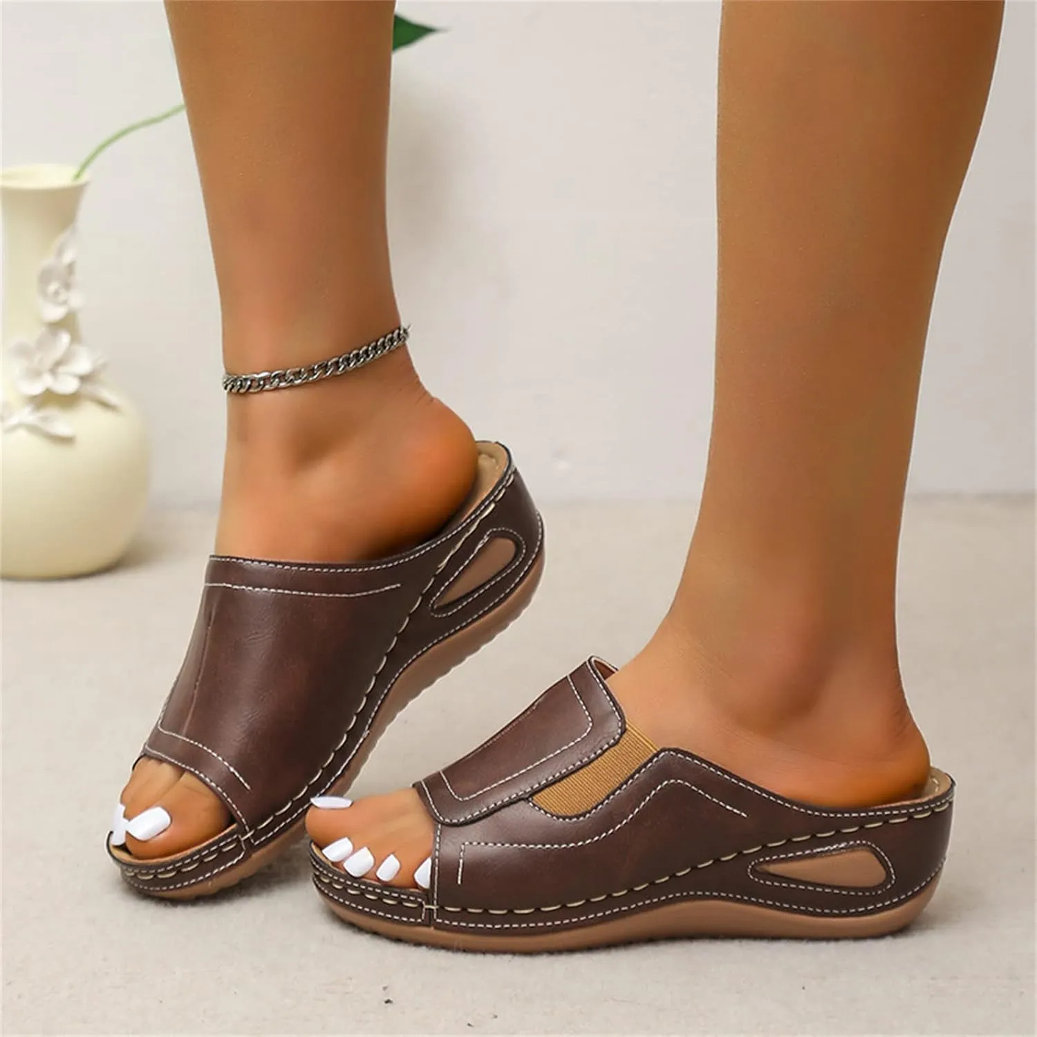 Ladmiple Sandals Women Comfortable Dressy Slip On Flat Sandals Orthopedic Flip Flops Summer Orthotic Slides with Arch Support