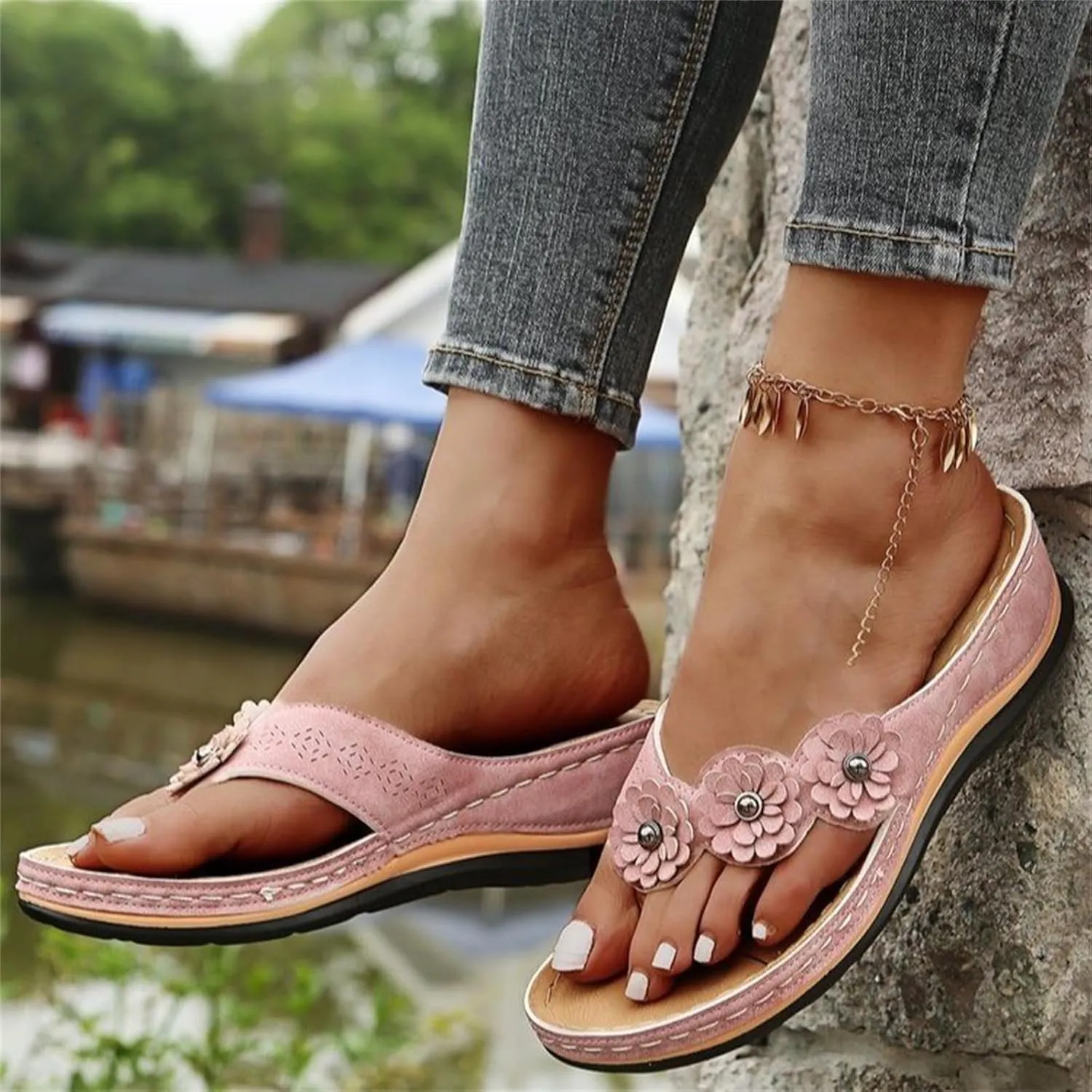 Ladmiple Sandals Women Comfortable Walking Arch Support Orthopedic Orthotic Flip Flops Dressy Summer Cute Slides Beach Shoes