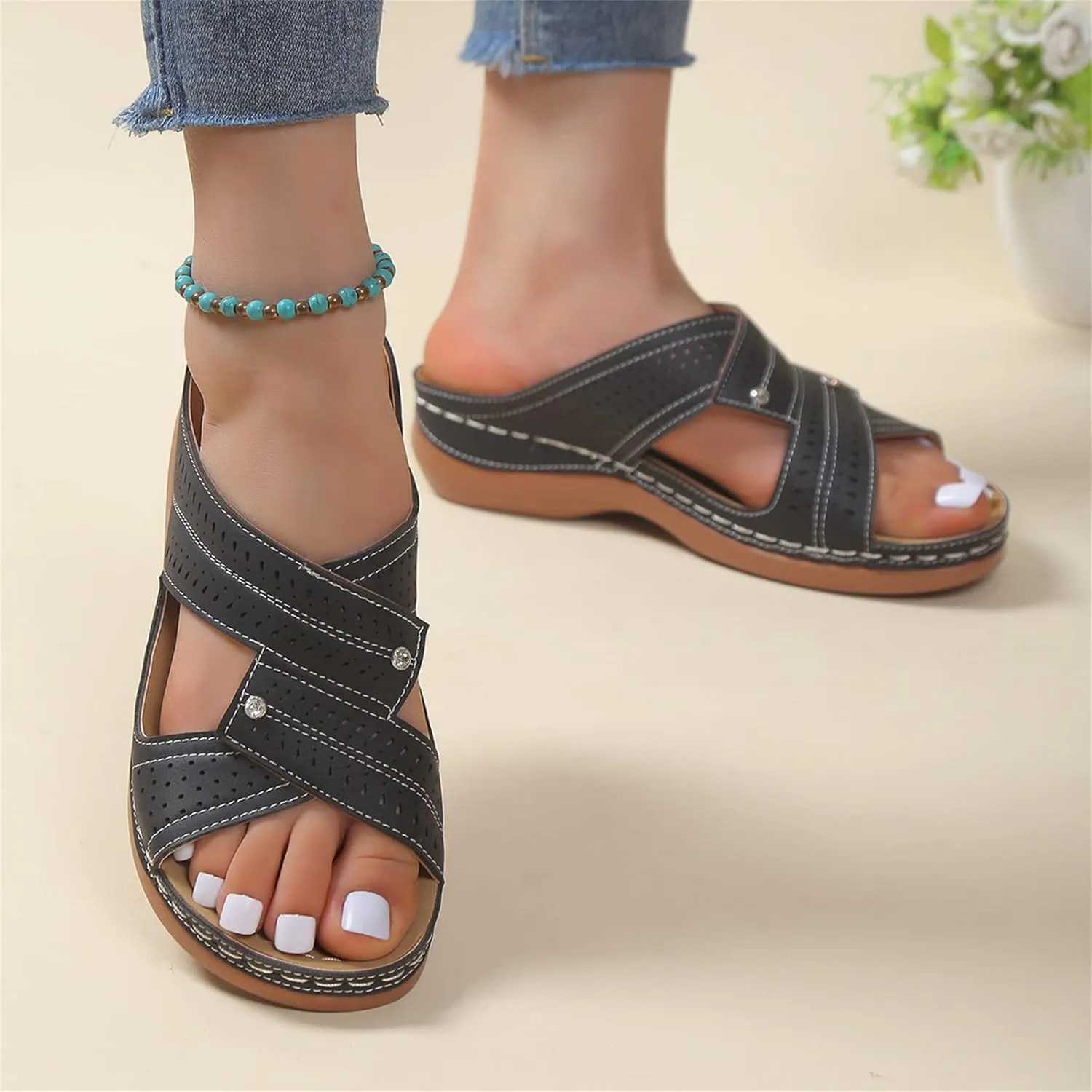 Ladmiple Womens Sandals Dressy Flat Arch Support Orthotic Flips Flops Plantar Fasciitis Comfortable Walking Orthopedic Slides