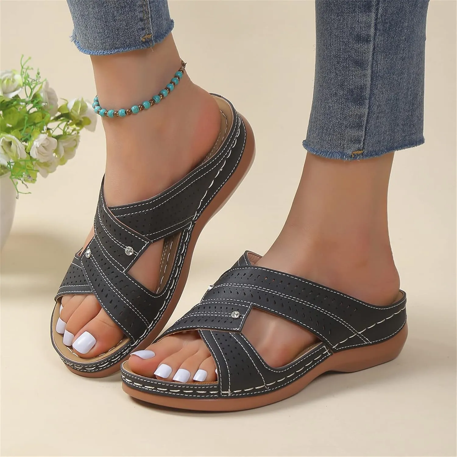 Ladmiple Womens Sandals Dressy Flat Arch Support Orthotic Flips Flops Plantar Fasciitis Comfortable Walking Orthopedic Slides