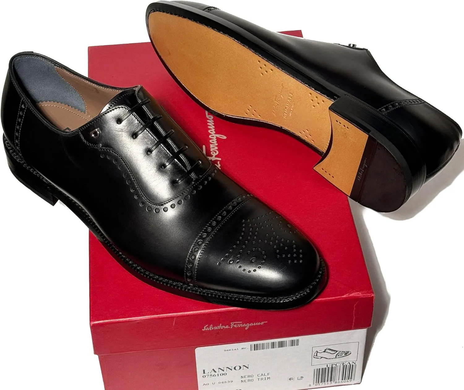 LANNON Black Leather Cap Toe Brogue Gancini Oxford Men's Dress Shoes, Nero