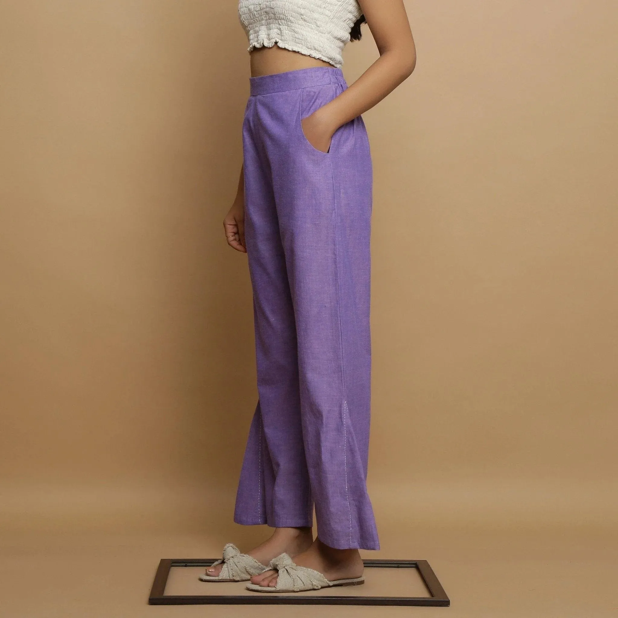Lavender Mangalgiri Cotton Elasticated Mid-Rise Pant