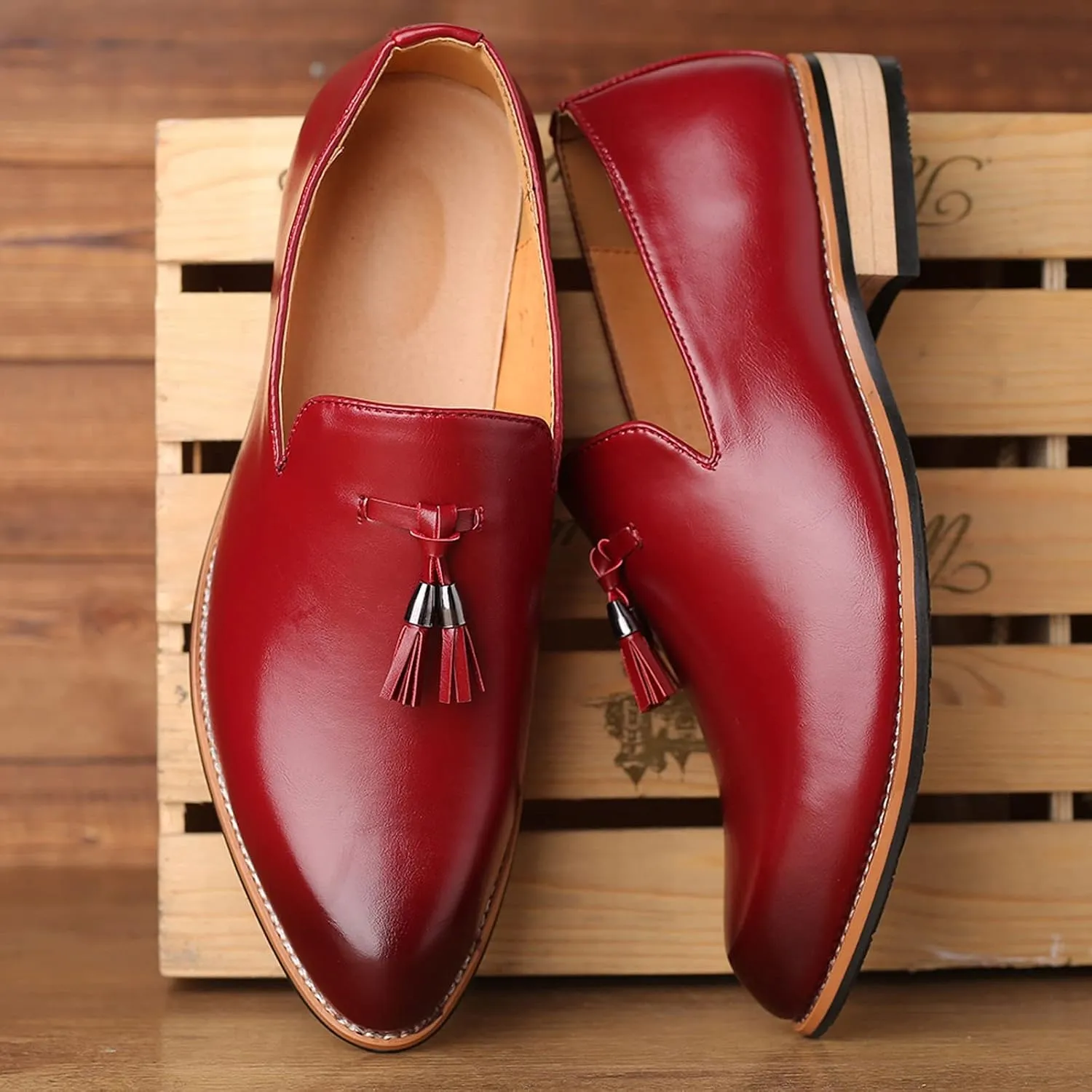 Leather Slip on Work Shoes for Men Fashion Style Men's Breathable Tassel Mens Slip on Casual Shoes Leather