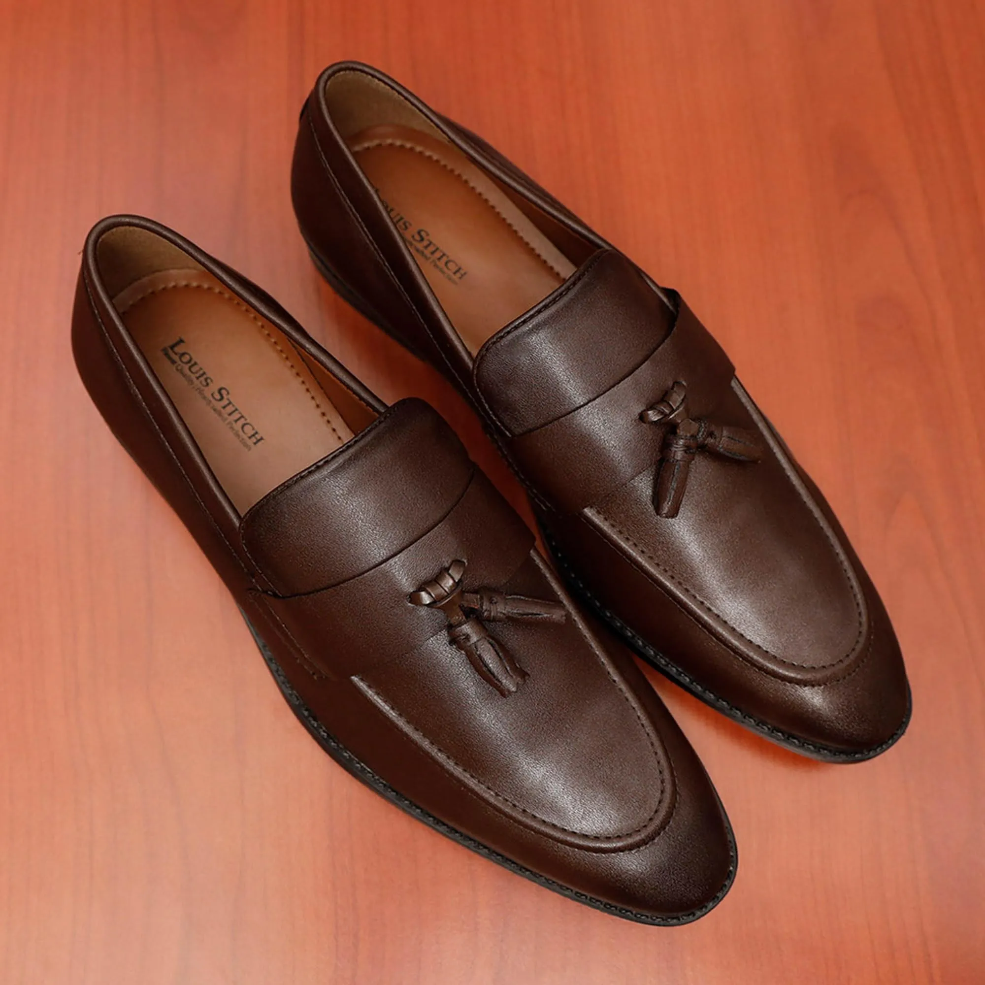 LOUIS STITCH Men's Brunette Brown Shoes Tassel Style Comfortable Moccasins for Men