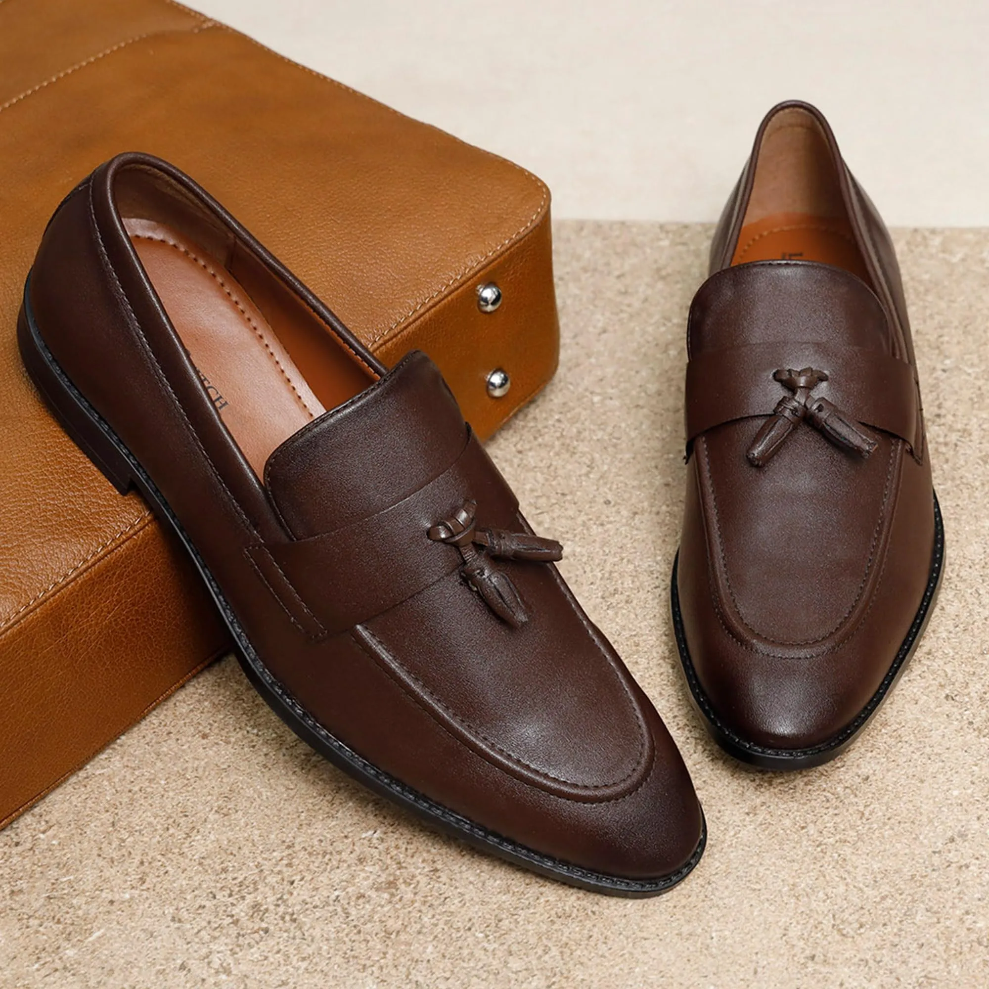 LOUIS STITCH Men's Brunette Brown Shoes Tassel Style Comfortable Moccasins for Men