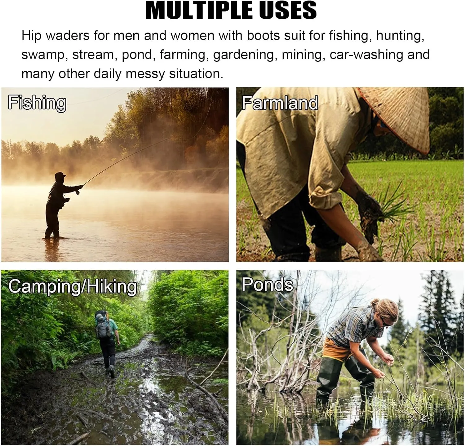 Men Women Hip Waders Boots for Fishing Hunting with Pockets, Lightweight PVC Waterproof Hip Boots Anti-Slip Rain Boots