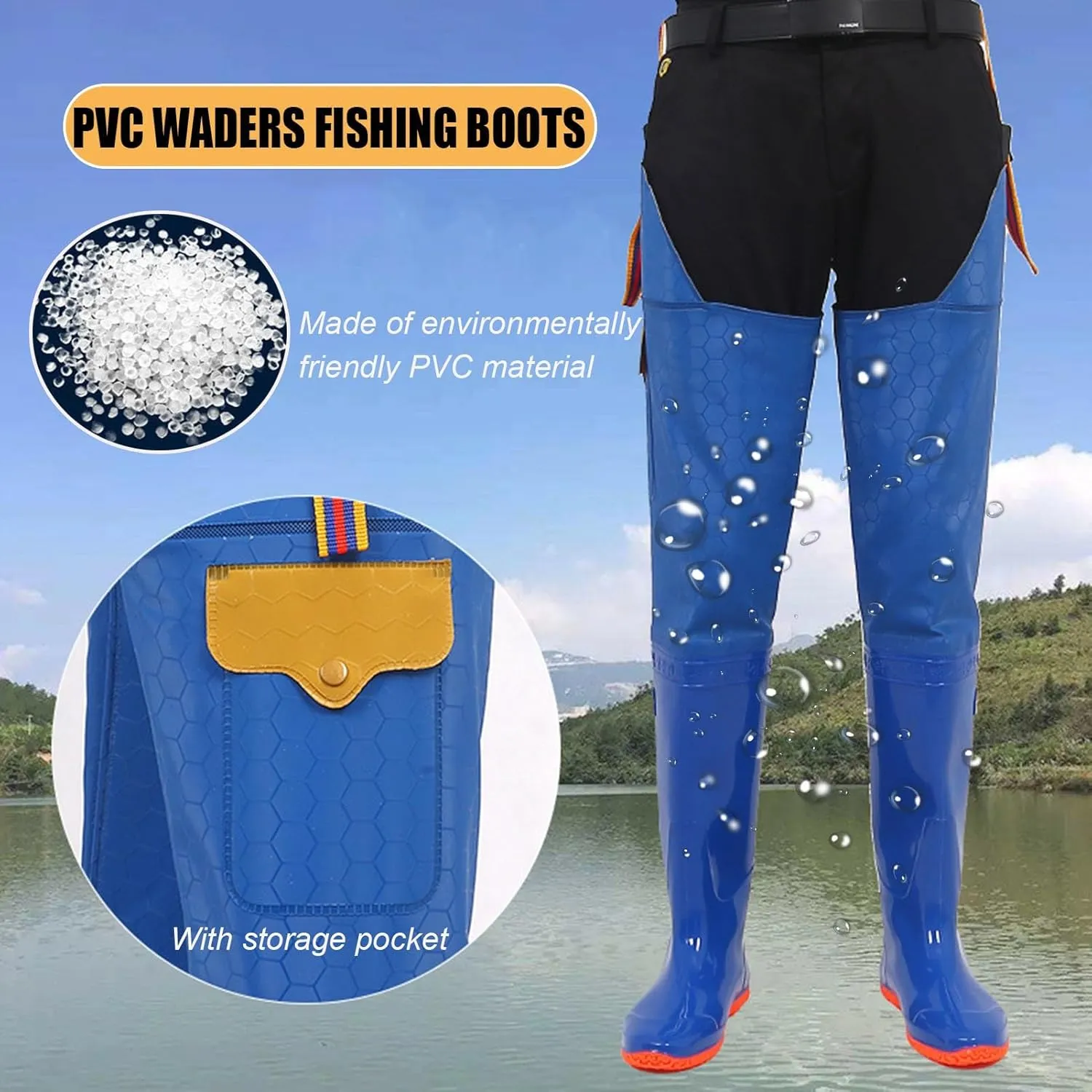 Men Women Hip Waders Boots for Fishing Hunting with Pockets, Lightweight PVC Waterproof Hip Boots Anti-Slip Rain Boots