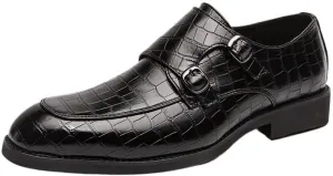 Men's Black Leather Loafers, Fashion Height Increase Monk Strap Casual Dress Shoes for Wedding, Party