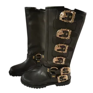 Men's Calf High Motorcycle Riding Boots with Skull Buckles