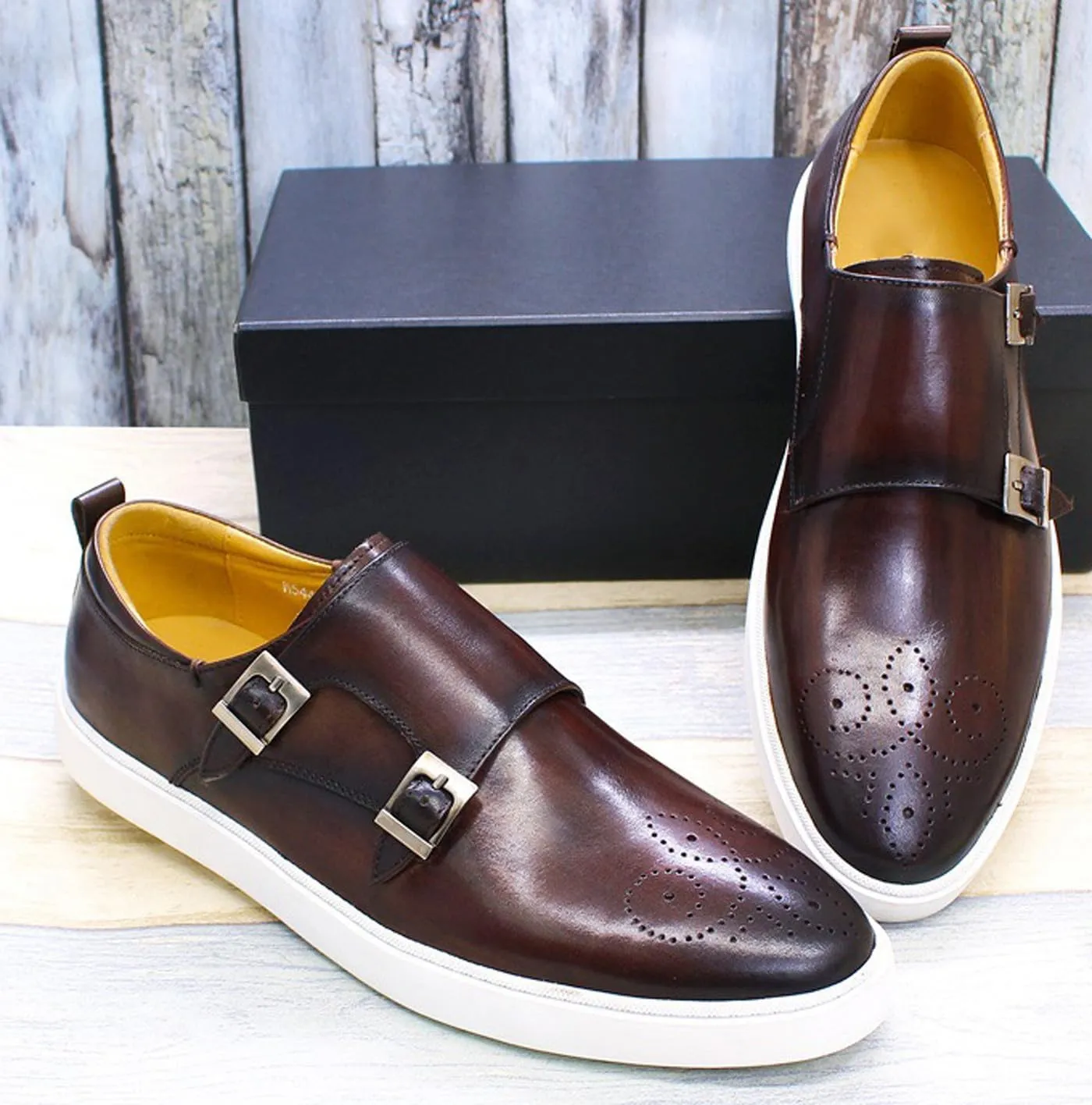 Mens Causal Shoes Double Buckle Monk Strap Loafers Genunie Leather Modern Prom Flat Shoes Wedding Business Fashion Comfortable Tuxedo Shoes for Men
