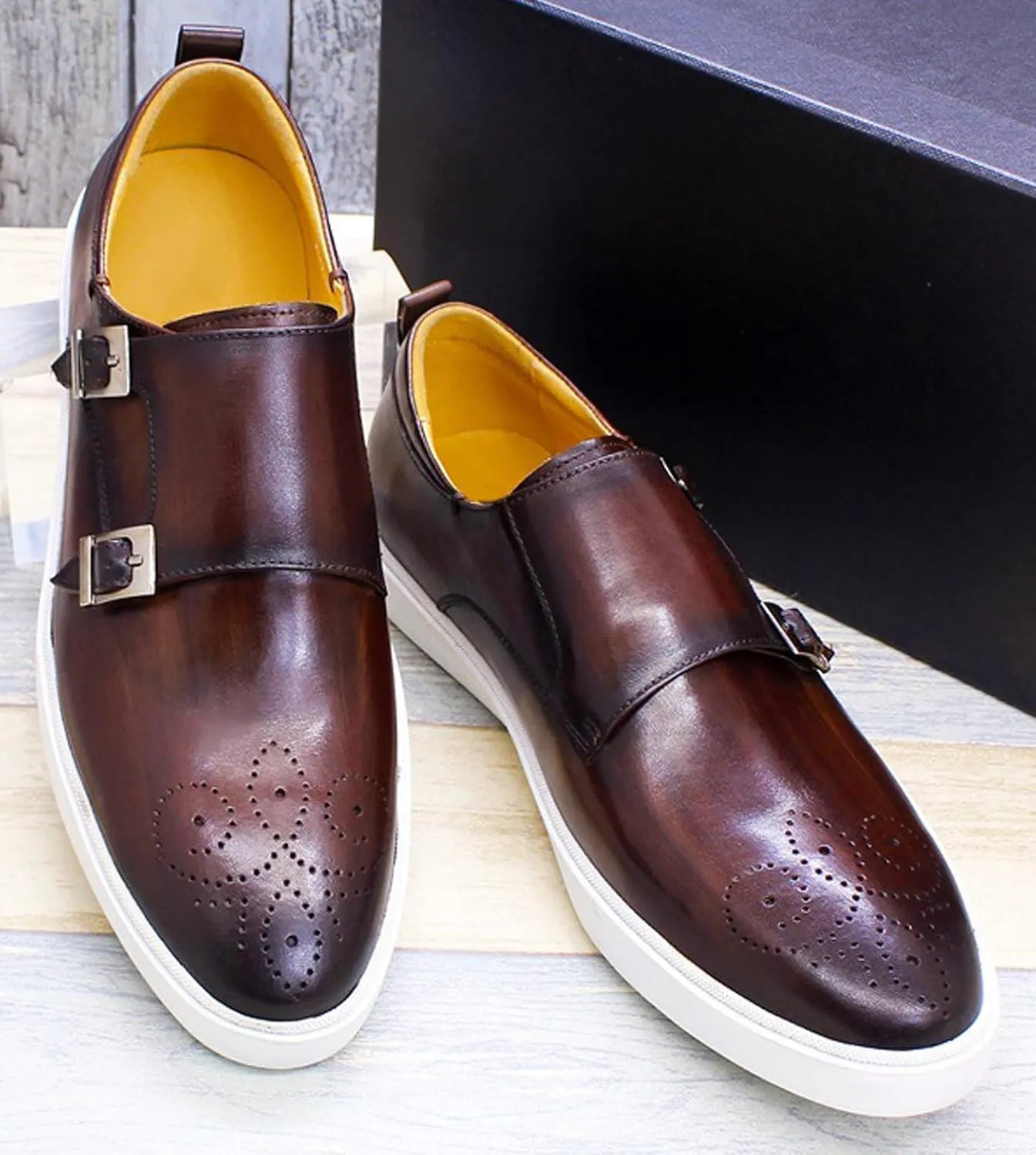 Mens Causal Shoes Double Buckle Monk Strap Loafers Genunie Leather Modern Prom Flat Shoes Wedding Business Fashion Comfortable Tuxedo Shoes for Men